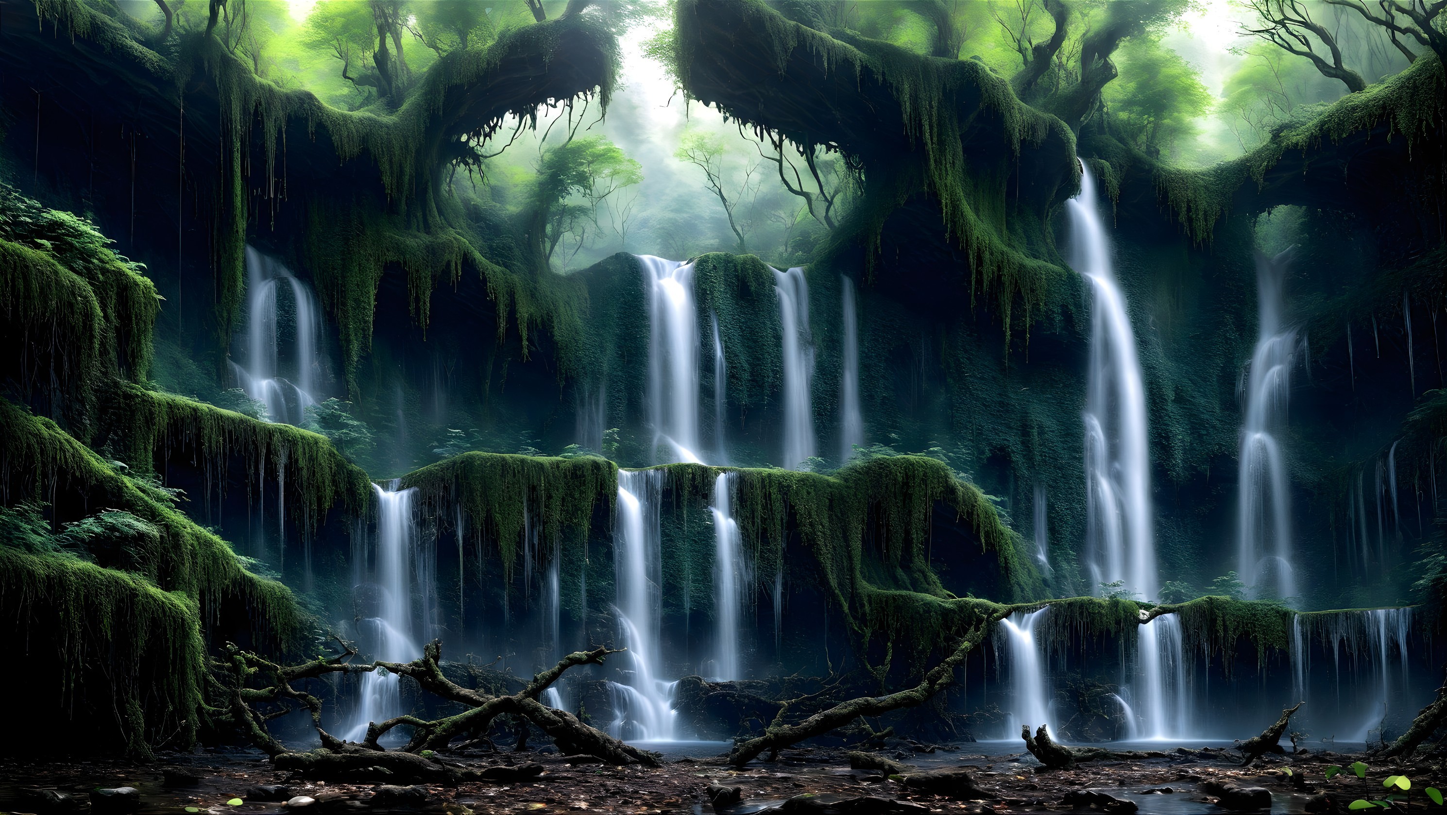 Cascading Waterfalls in a Lush Green Landscape