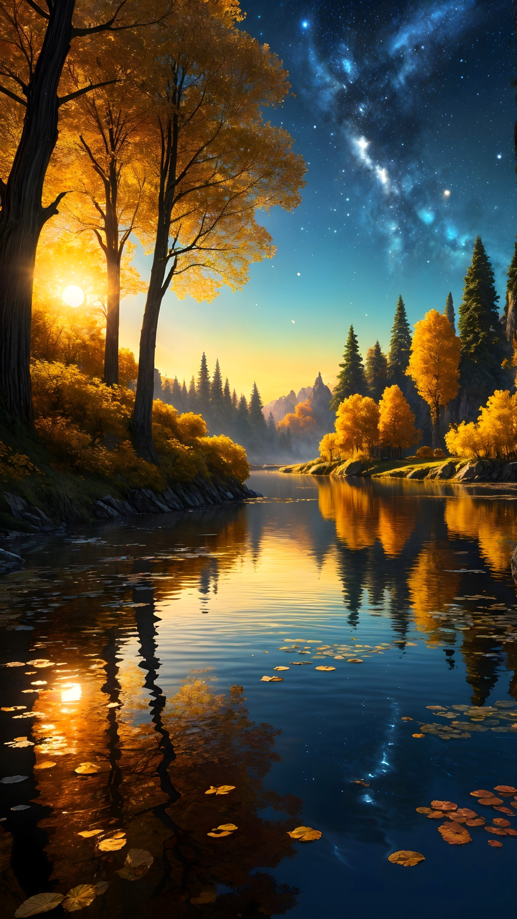 Tranquil River and Autumn Trees in Serene Landscape