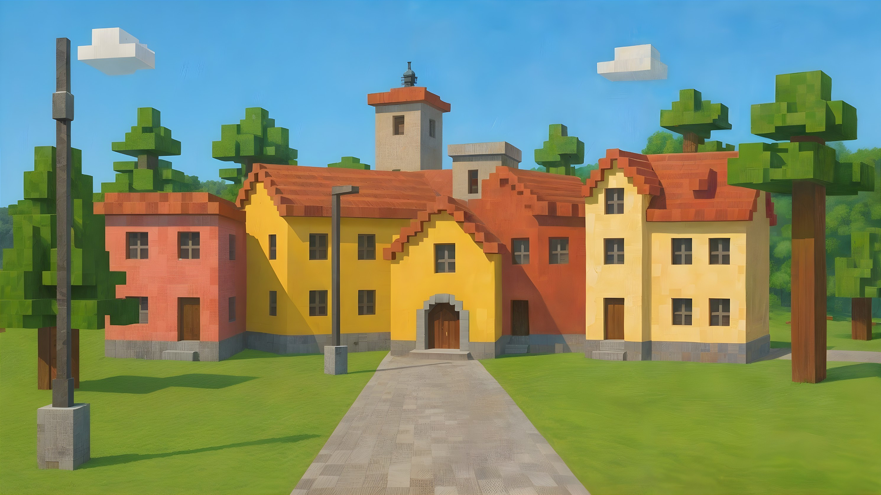 Colorful Blocky Building in a Whimsical Village Scene