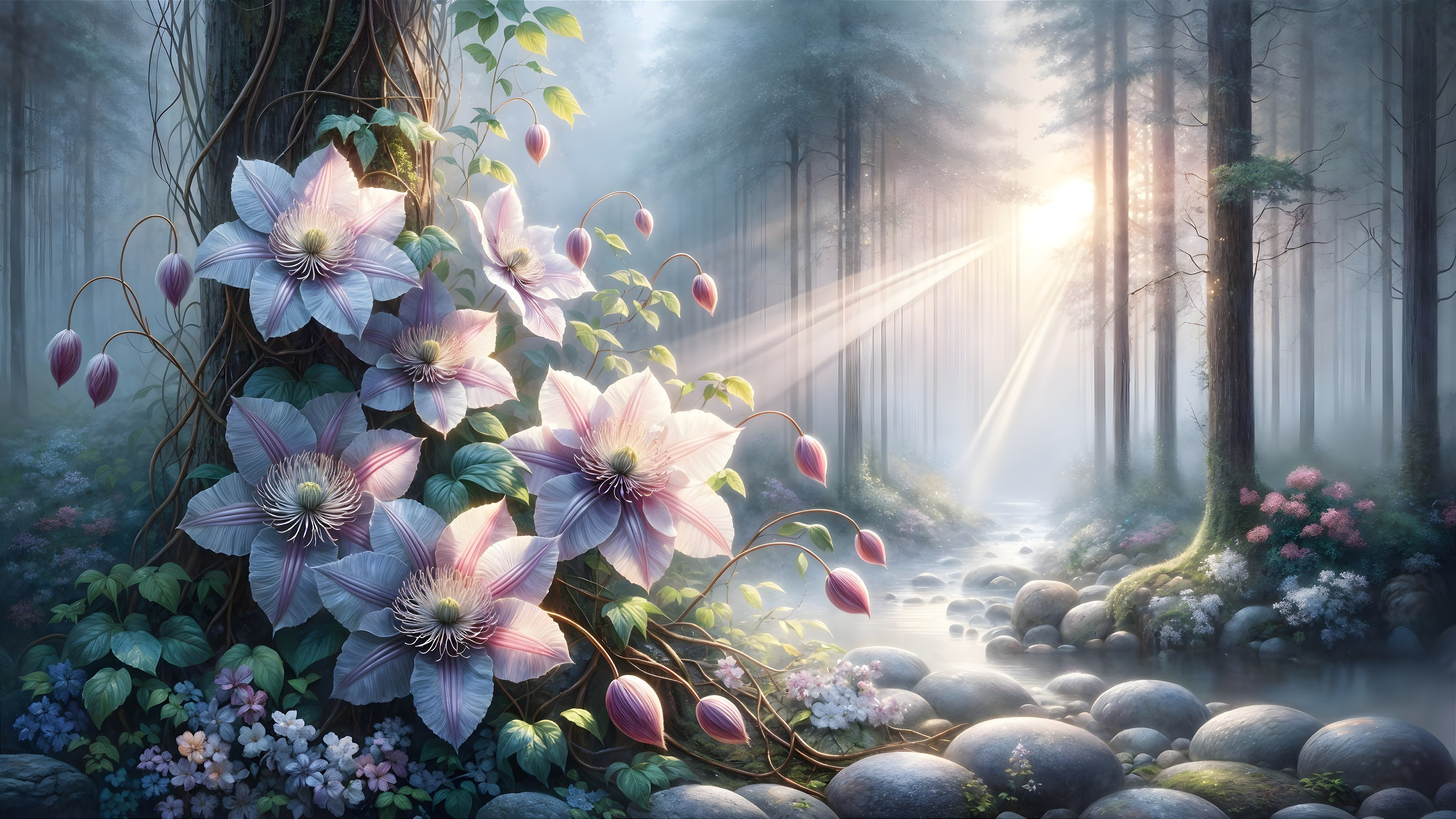 Serene forest scene with flowers and tranquil stream