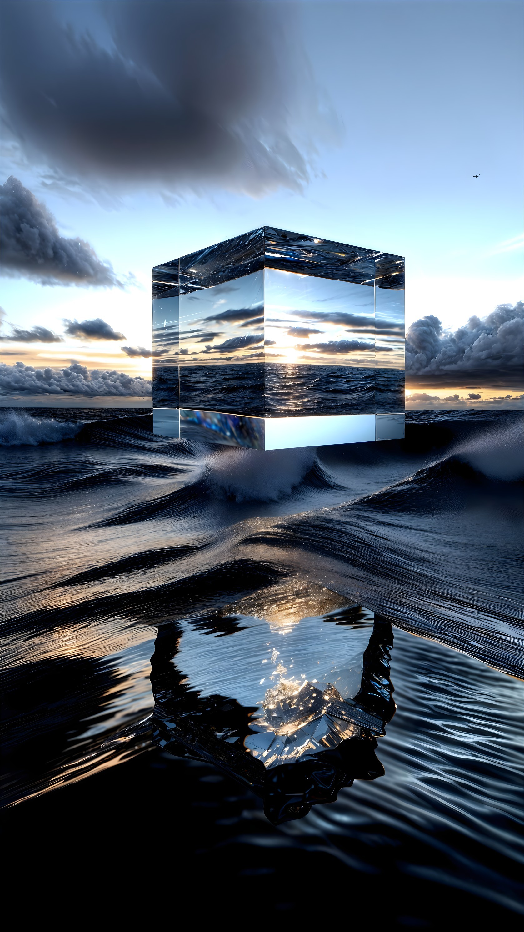 Reflective Cube Above Choppy Ocean at Sunset