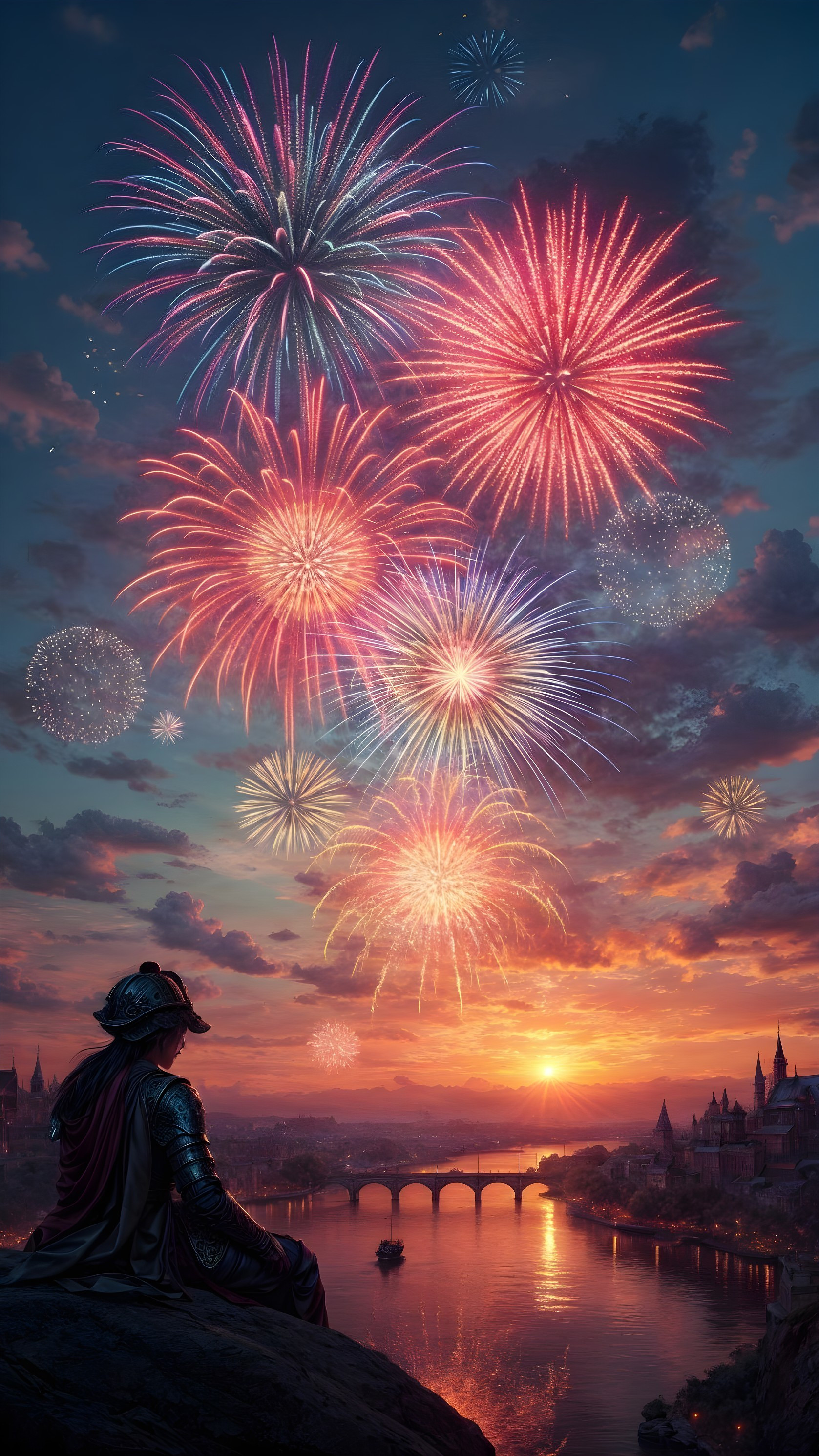 Sunset Scene Over River with Fireworks and History