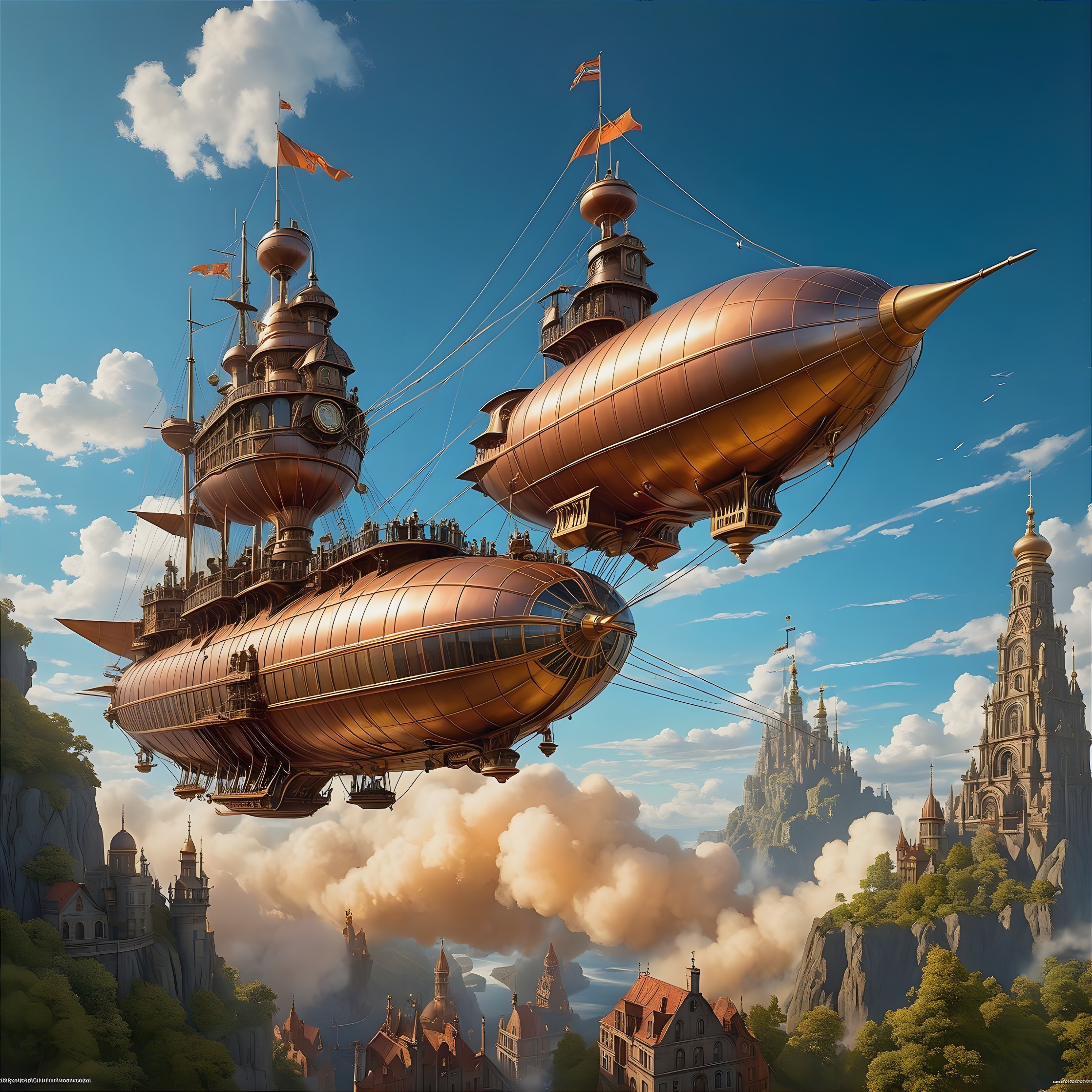 Steampunk Airship Over Castles and Greenery
