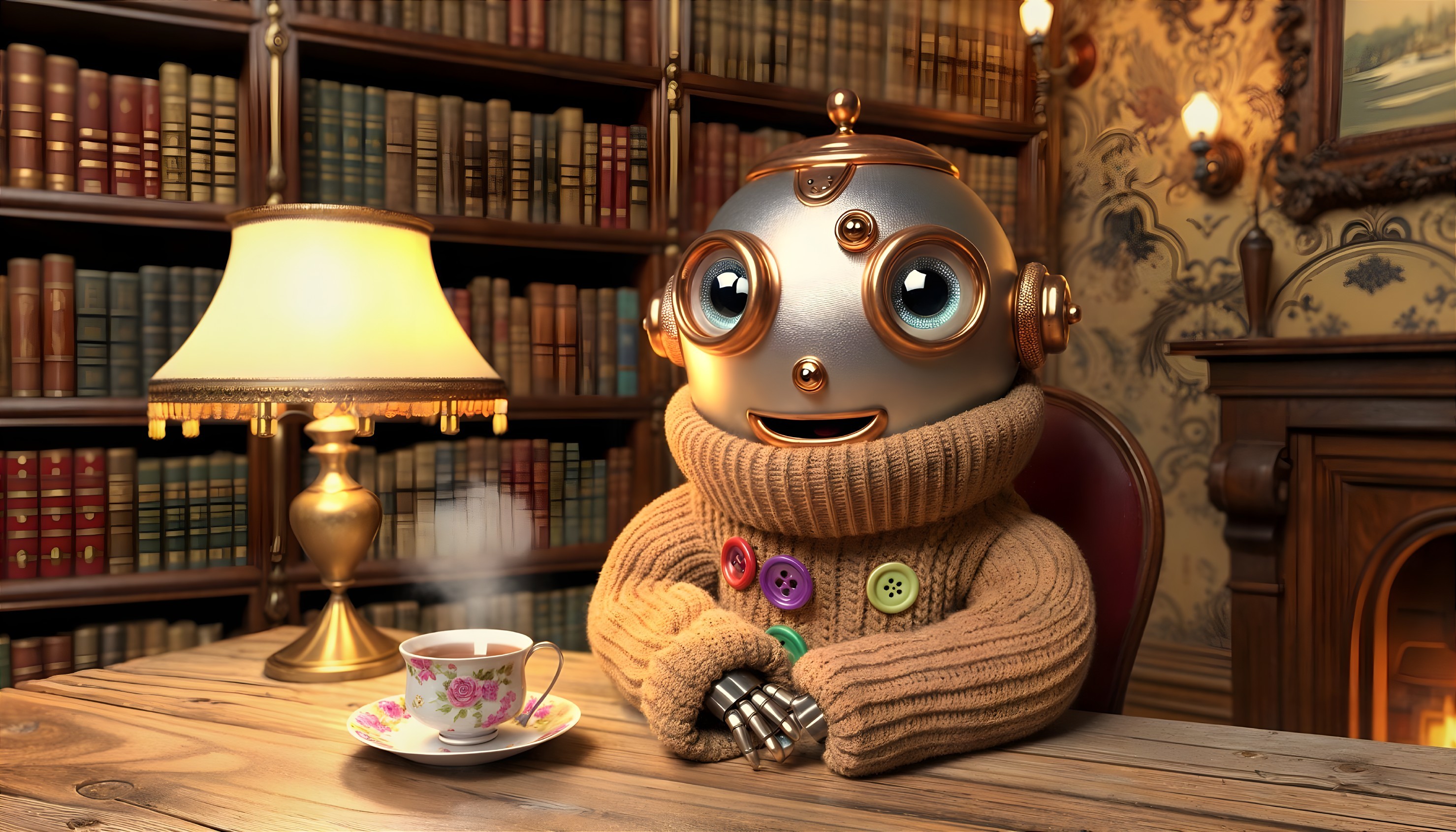 Whimsical Robot in a Cozy Library