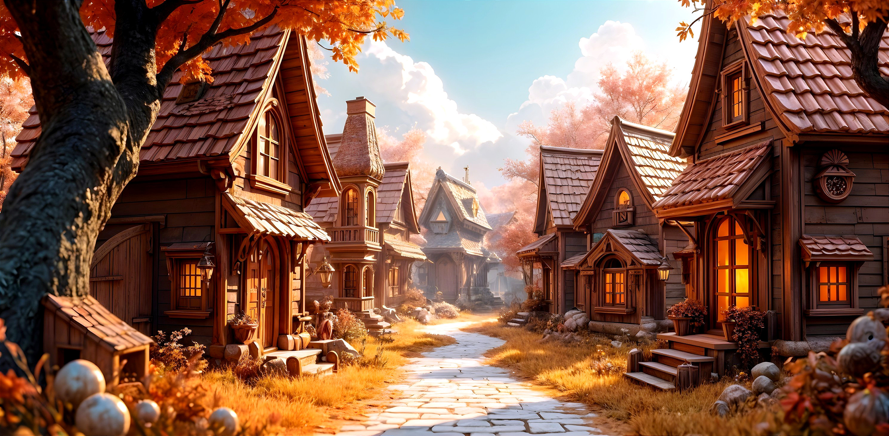 Quaint Village with Autumn Hues and Charming Houses