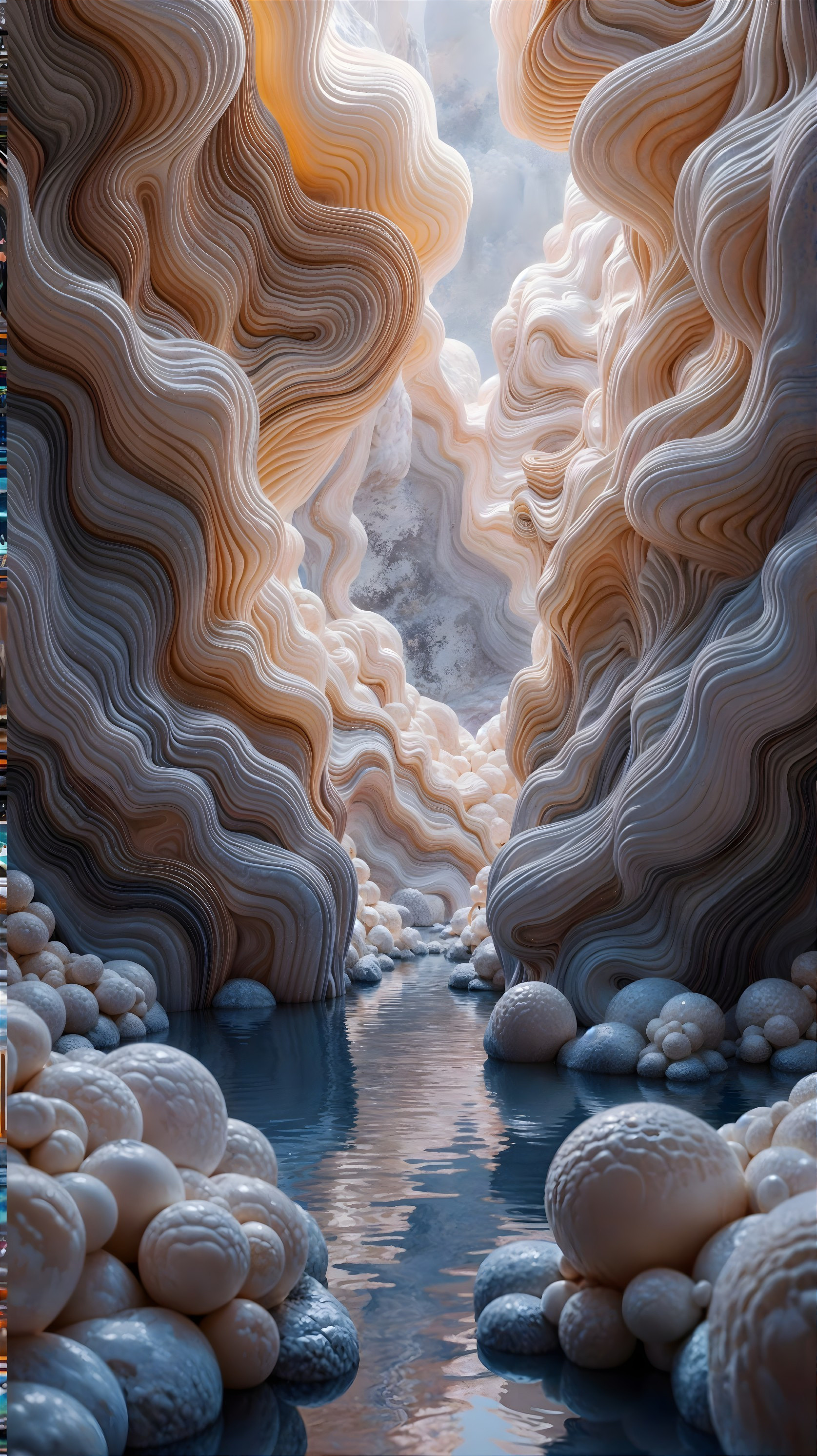 Fantastical canyon with swirling rock formations and river