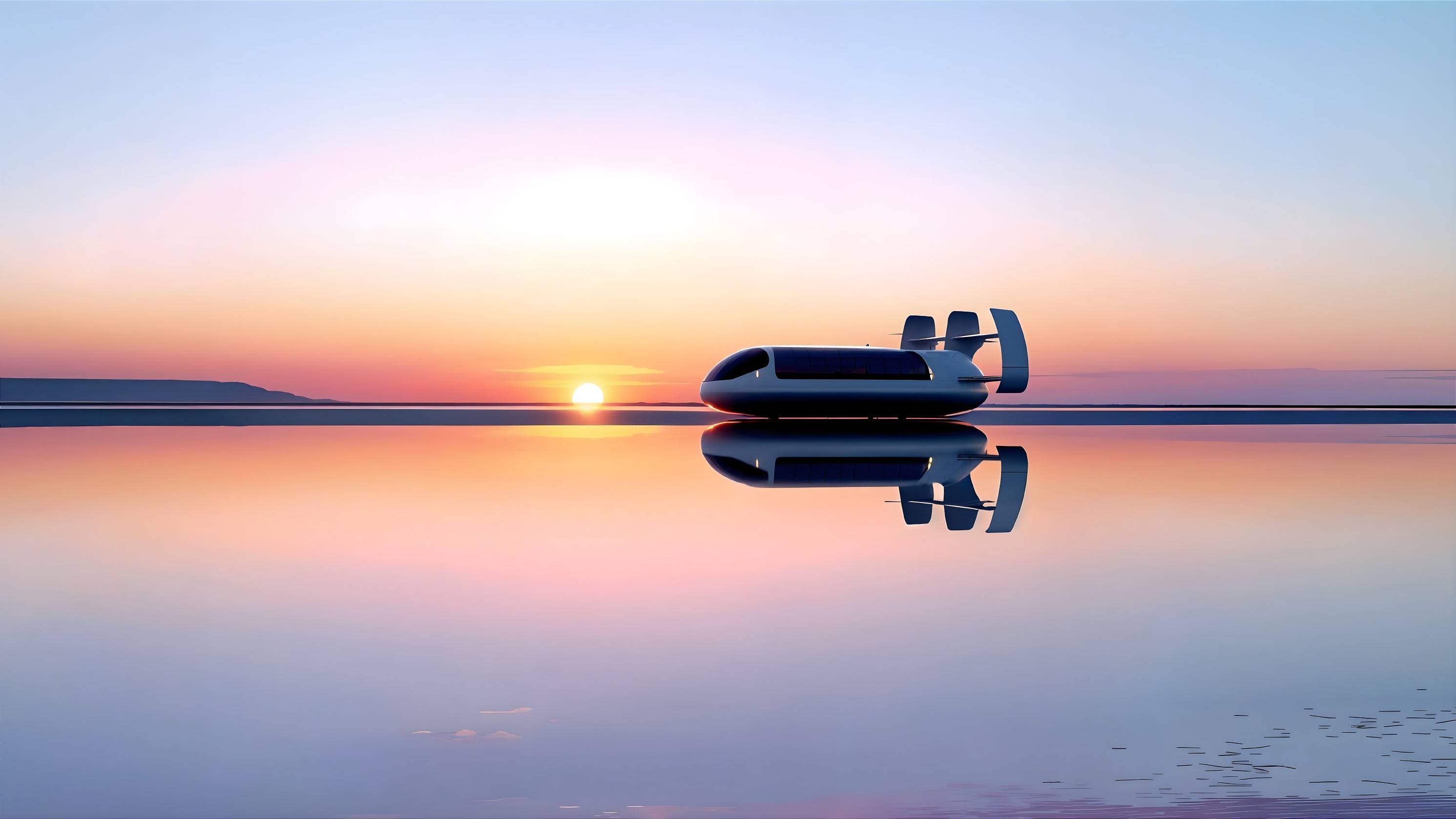 Futuristic Vehicle on Reflective Surface at Sunset