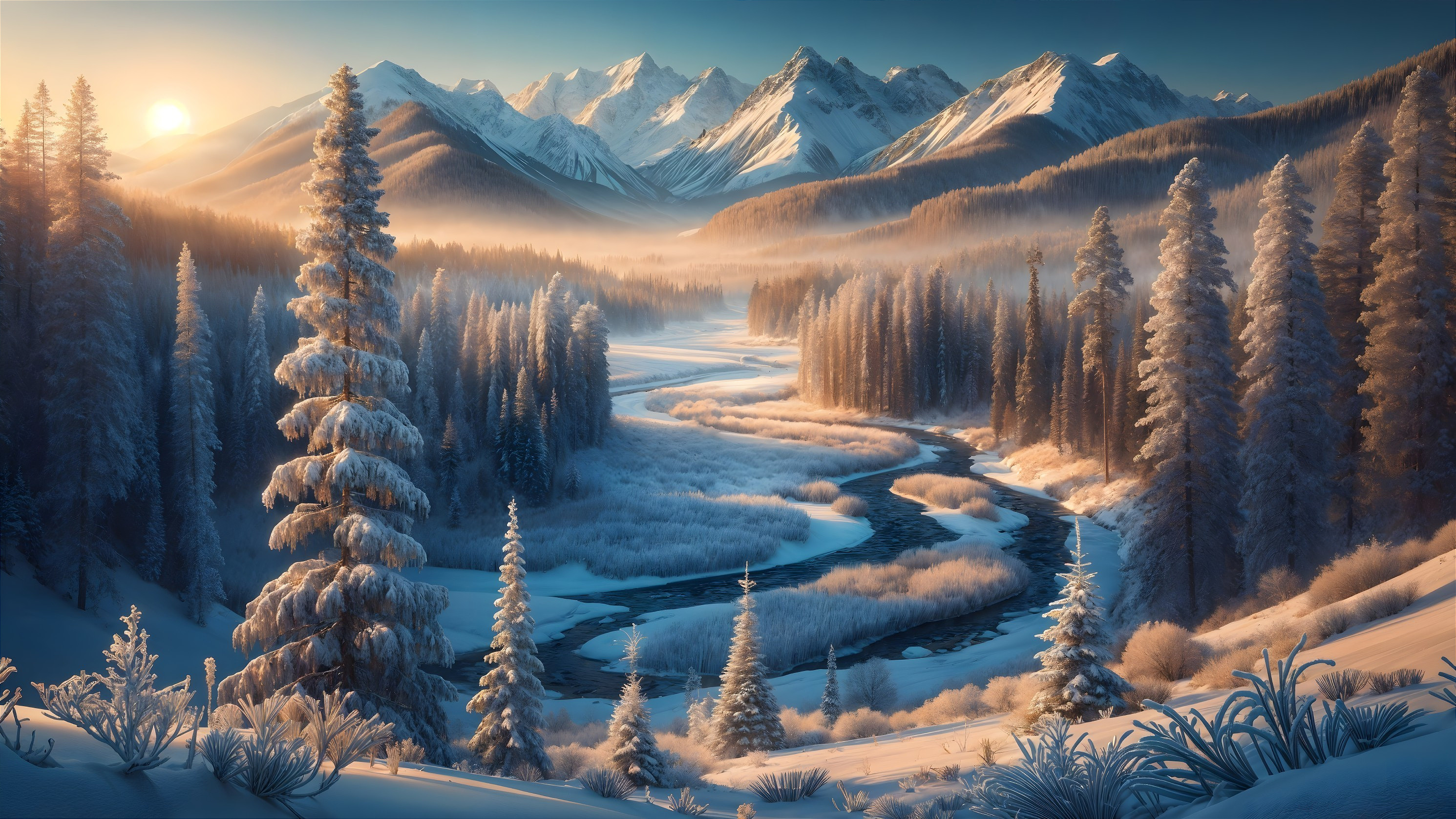 Winter Landscape with River and Snowy Mountains