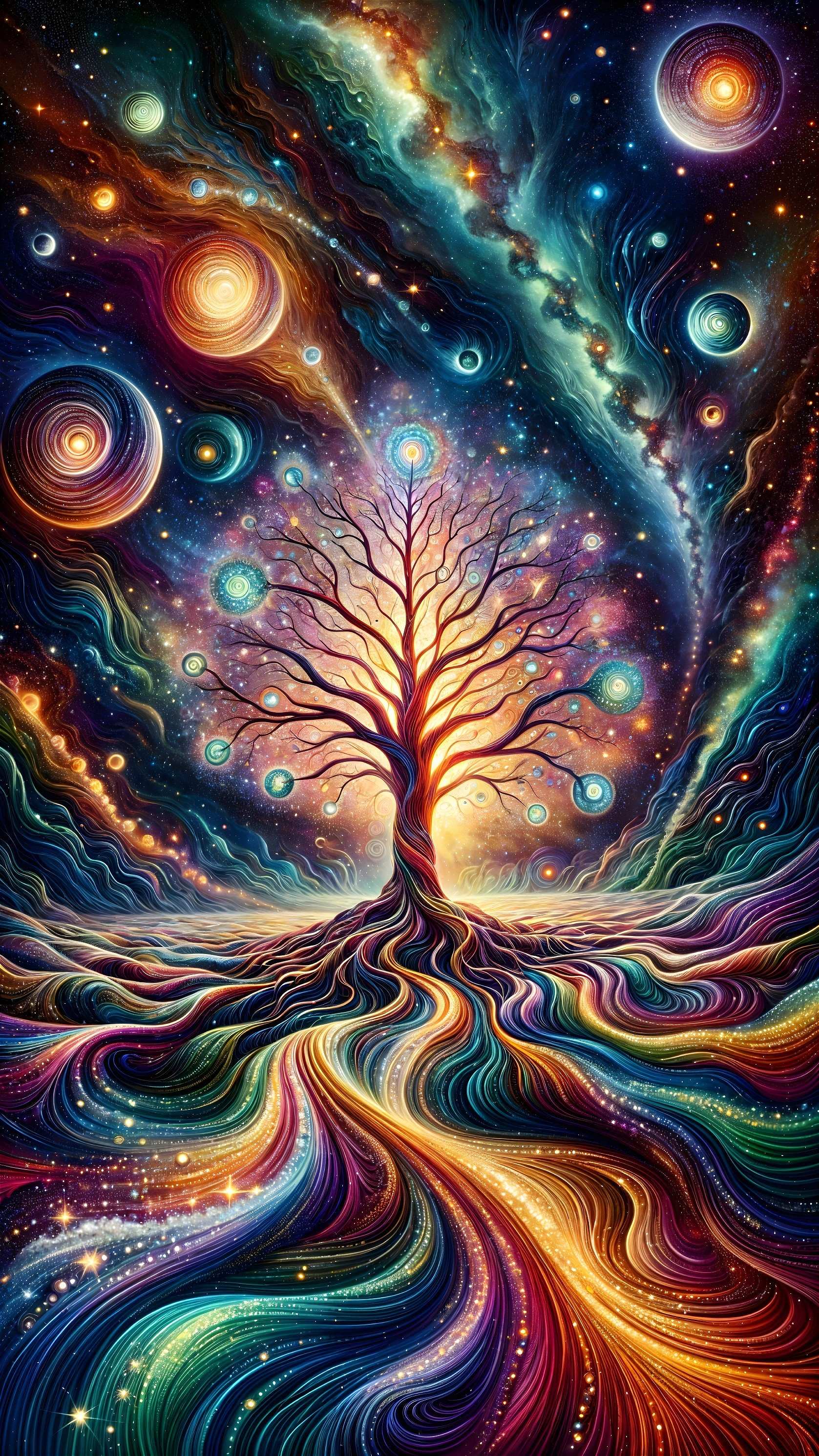 Vibrant Cosmic Landscape with Surreal Illuminated Tree