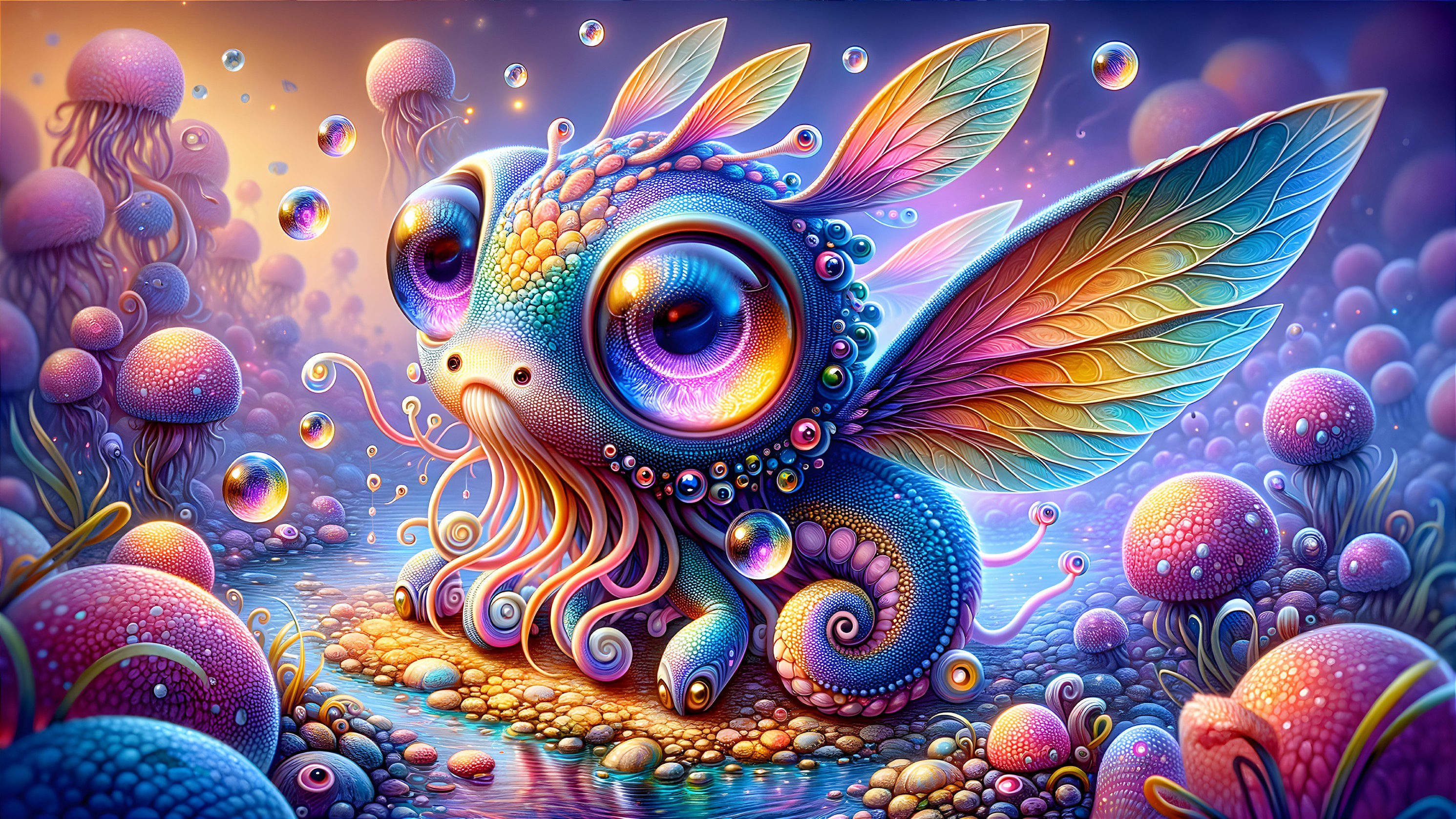 Whimsical Creature by Colorful Waterway and Mushrooms