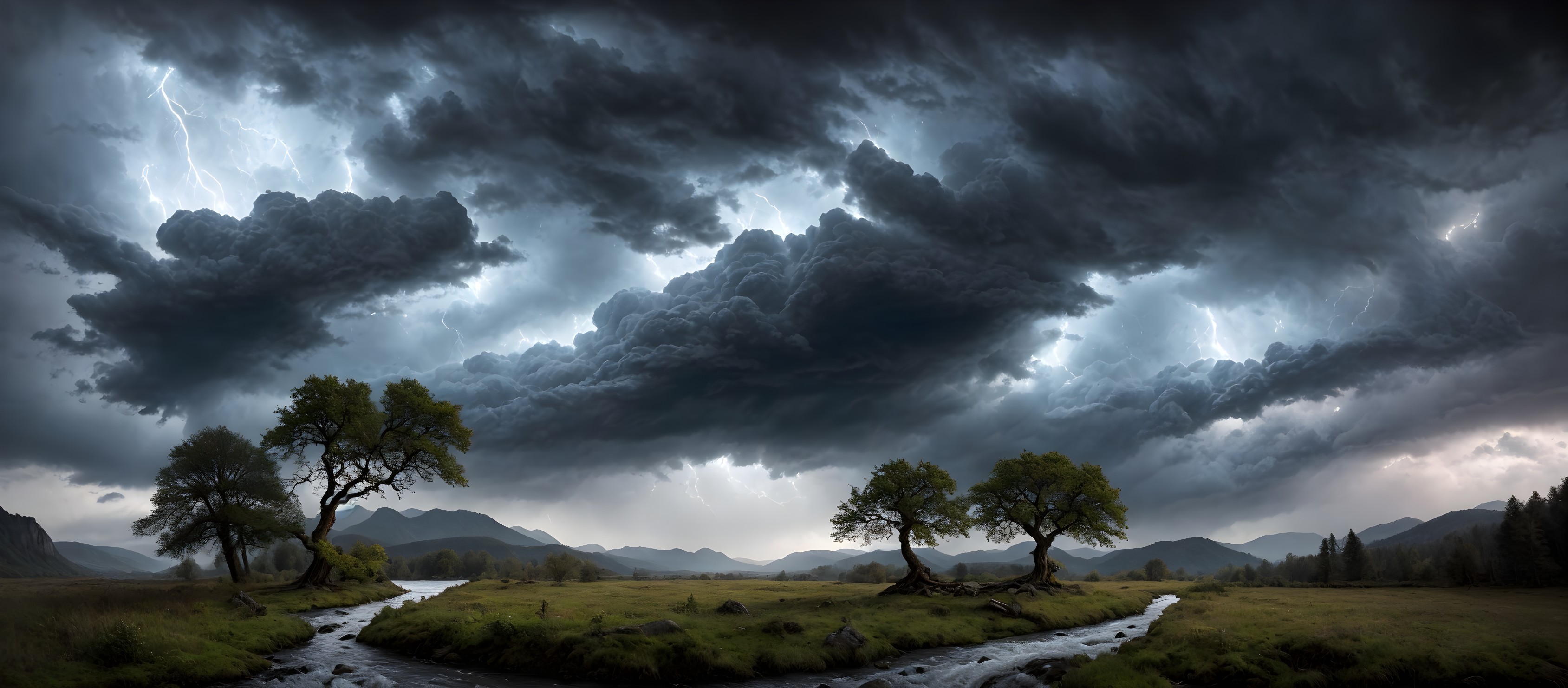 Dramatic storm with lightning over serene landscape