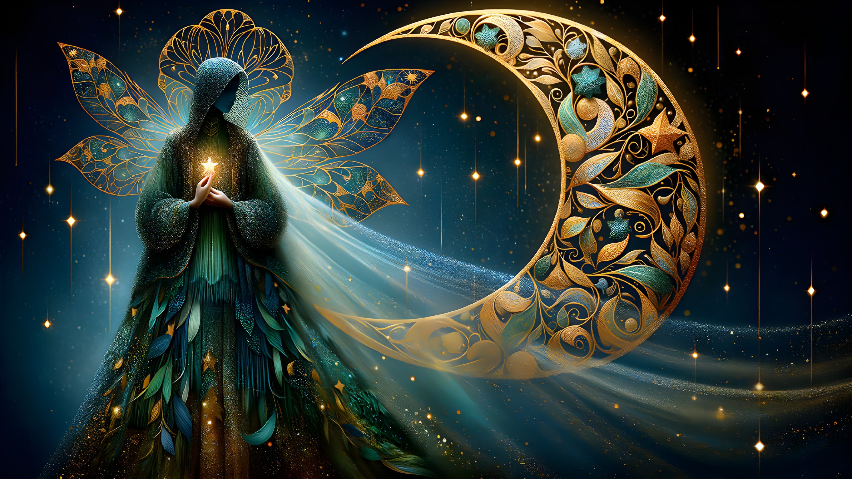 Mystical figure with wings and glowing orb in stars