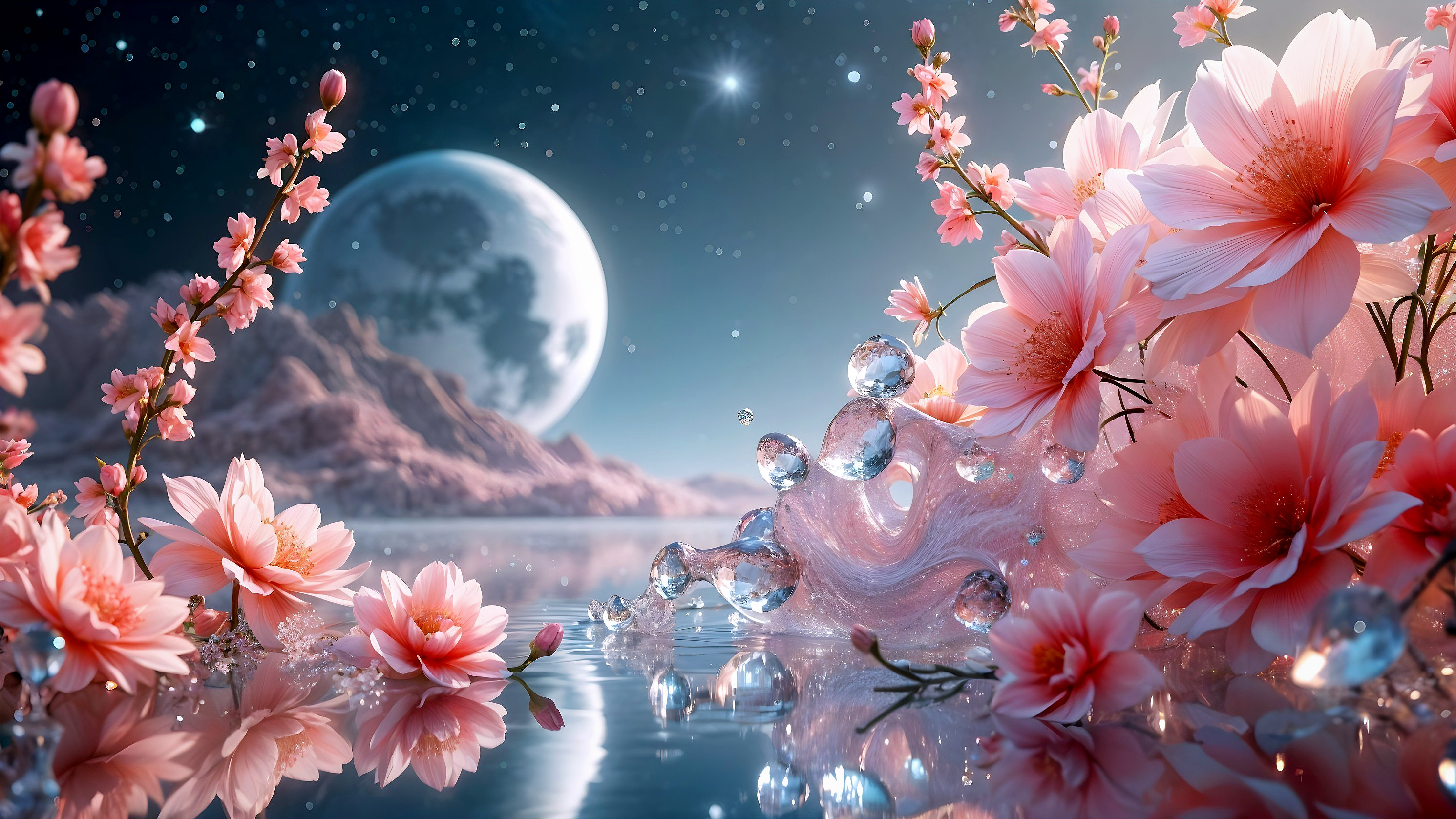 Serene Landscape with Cherry Blossoms and Moonlight