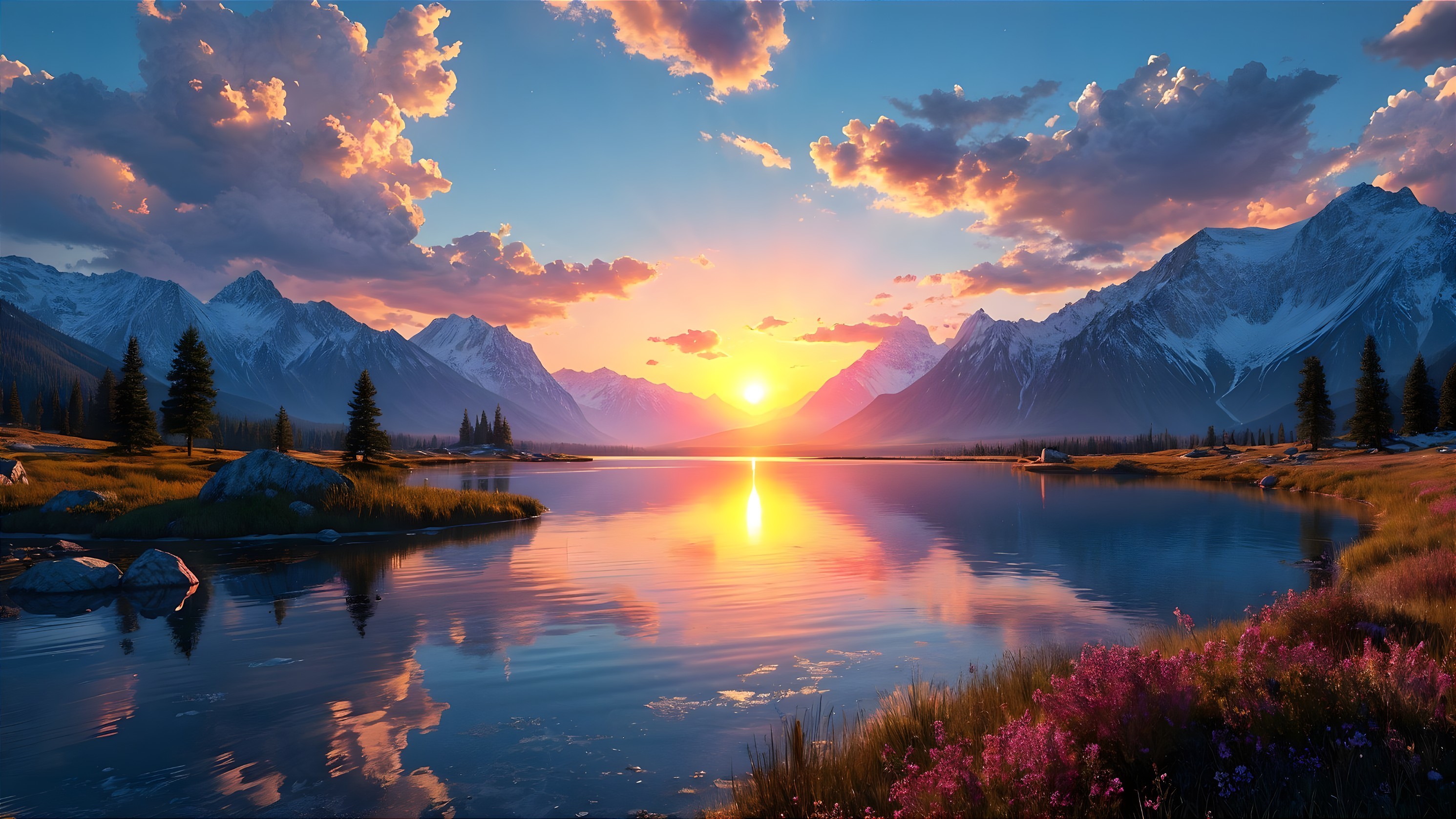 Tranquil Lake at Sunset with Majestic Mountains