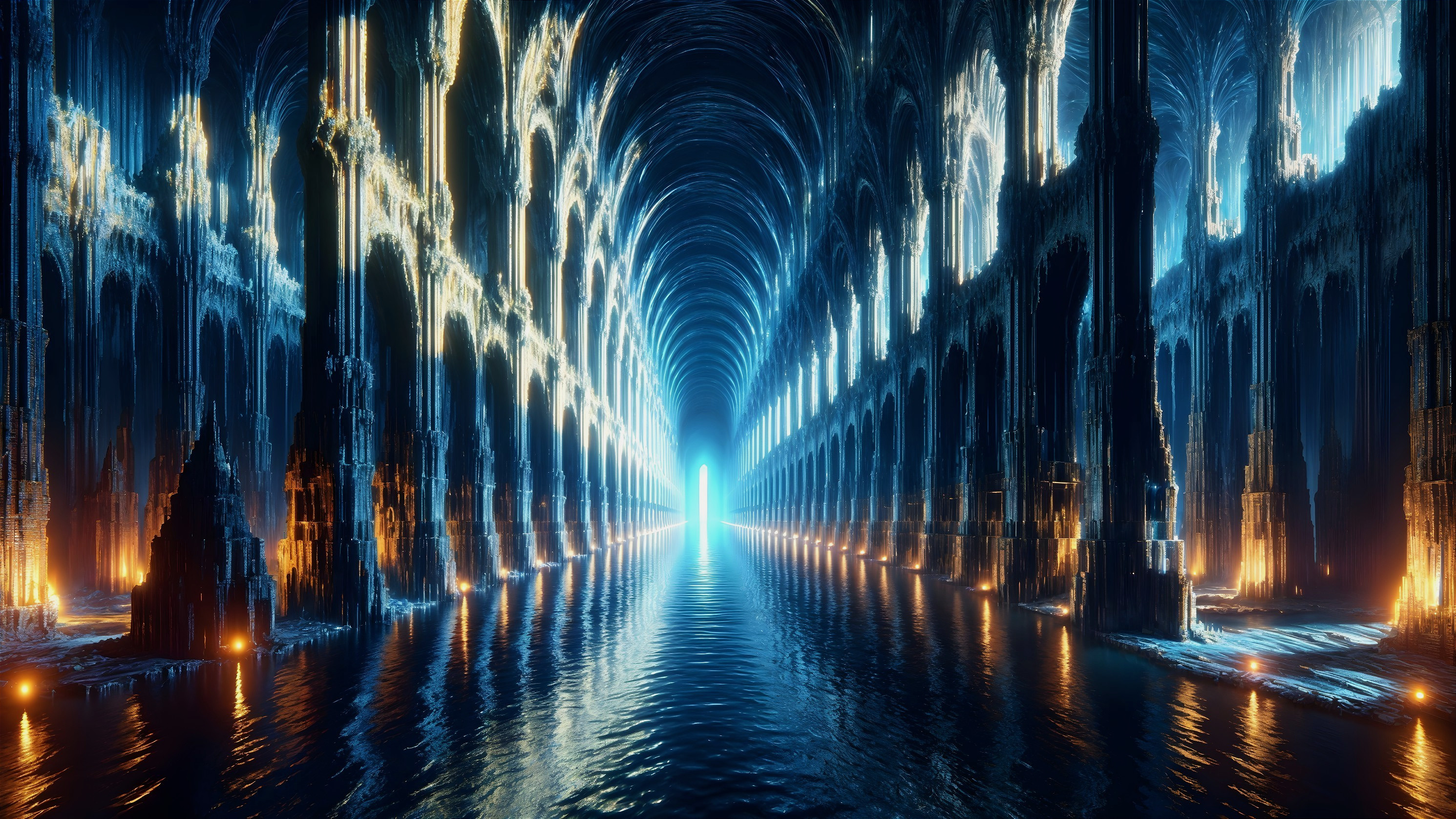 Surreal Illuminated Corridor in Cavernous Cathedral