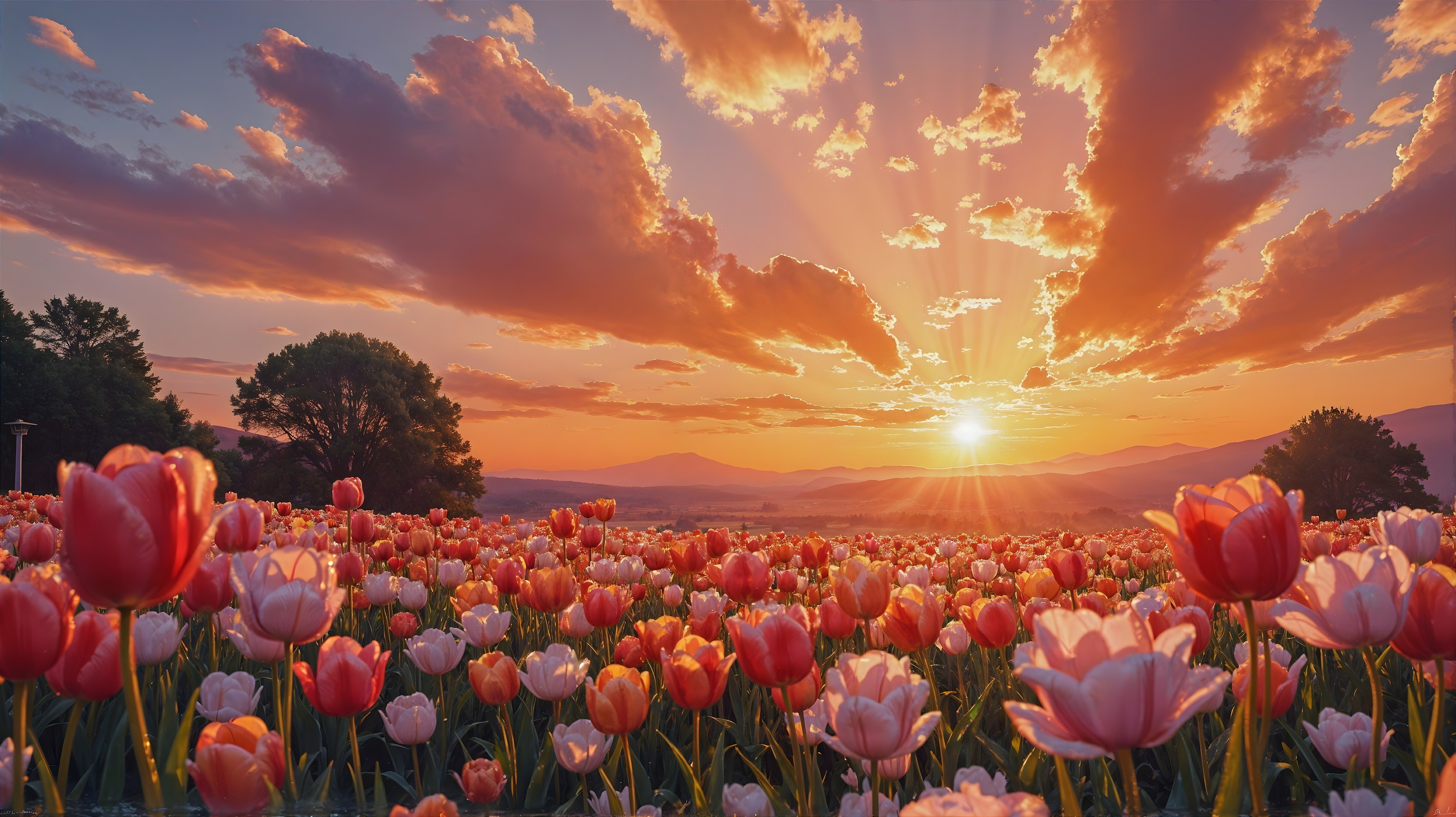 Vibrant Tulip Field Under Sunset with Distant Mountains