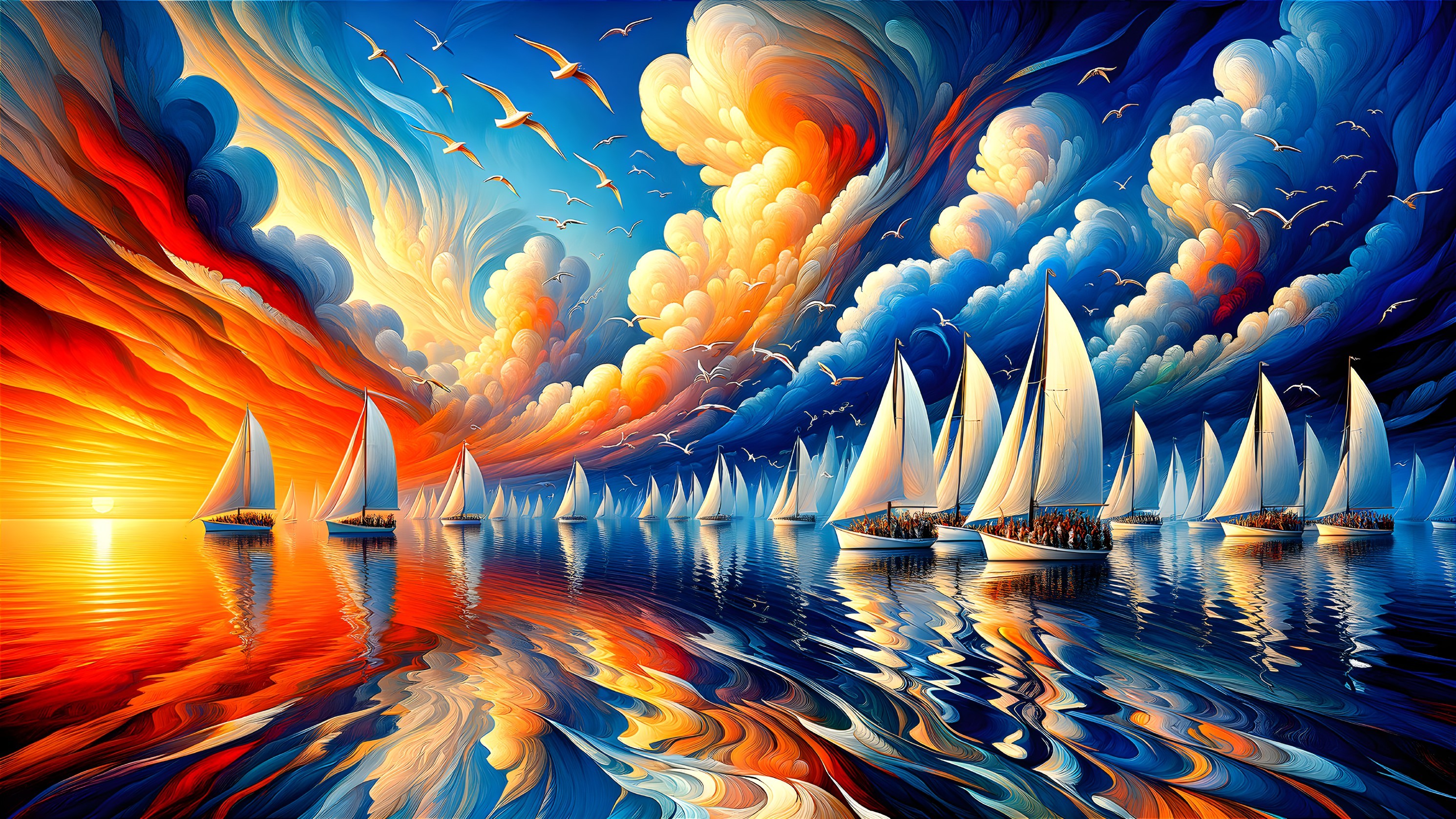 Vibrant Seascape at Sunset with Sailboats and Birds