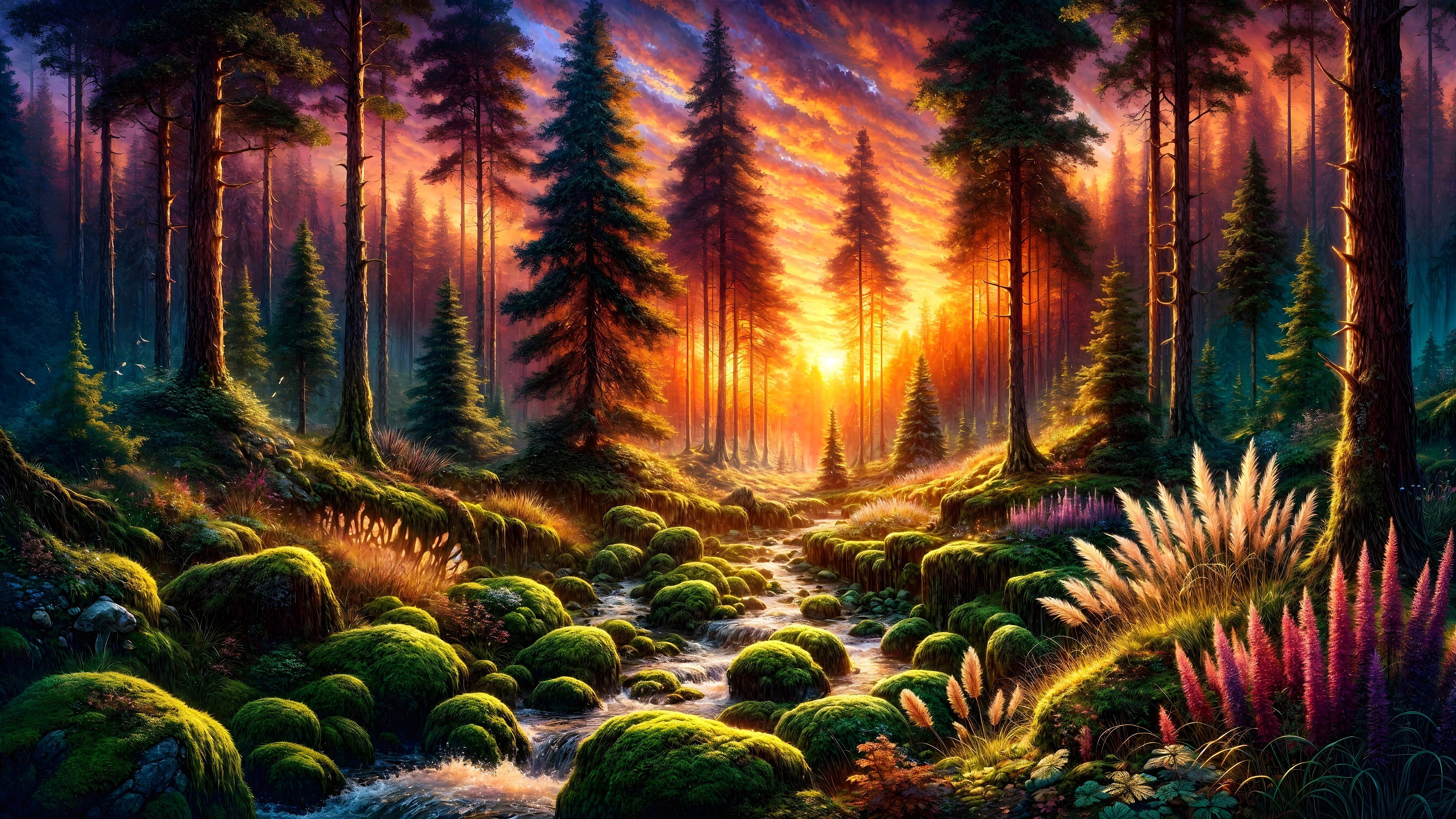 Vibrant forest scene at sunset with a gentle stream