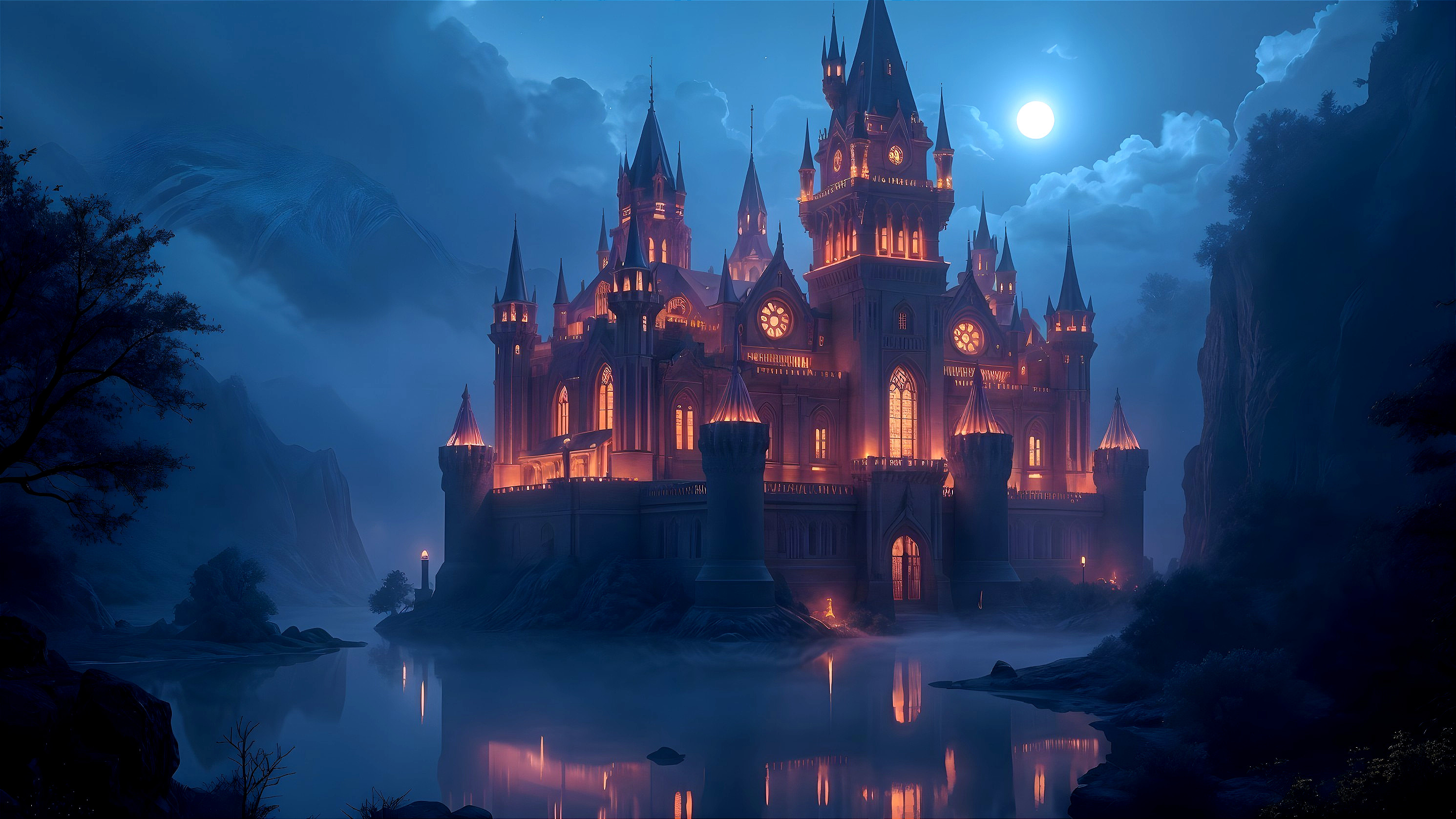 Majestic castle illuminated by moonlight and mist