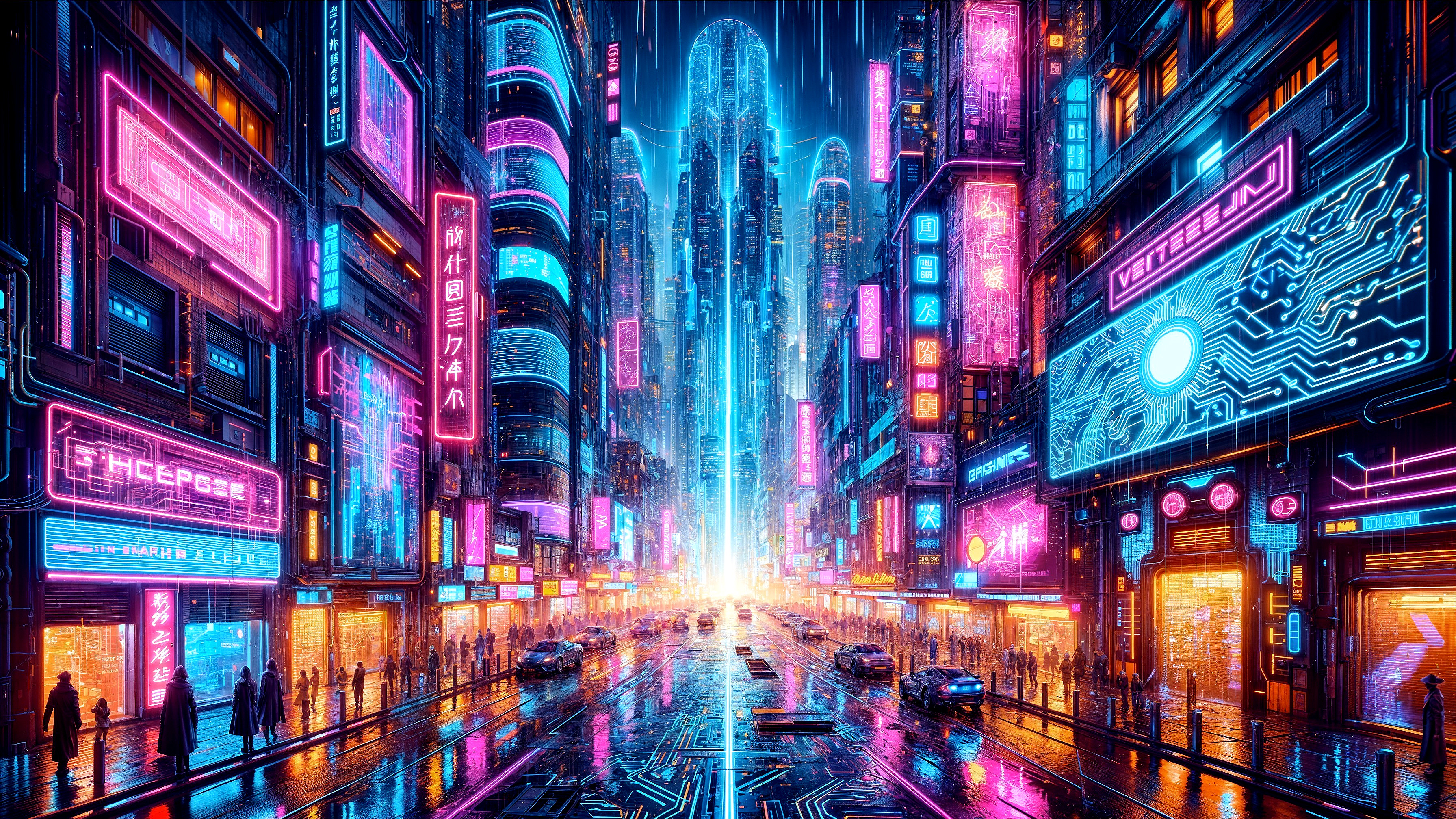 Futuristic Cityscape with Neon Lights and Skyscrapers