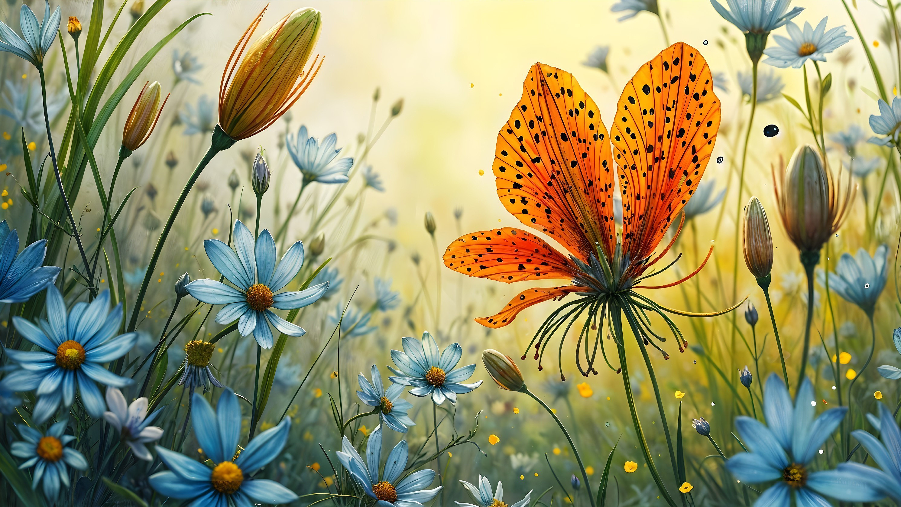 Vibrant orange flower among blue daisies in sunlight