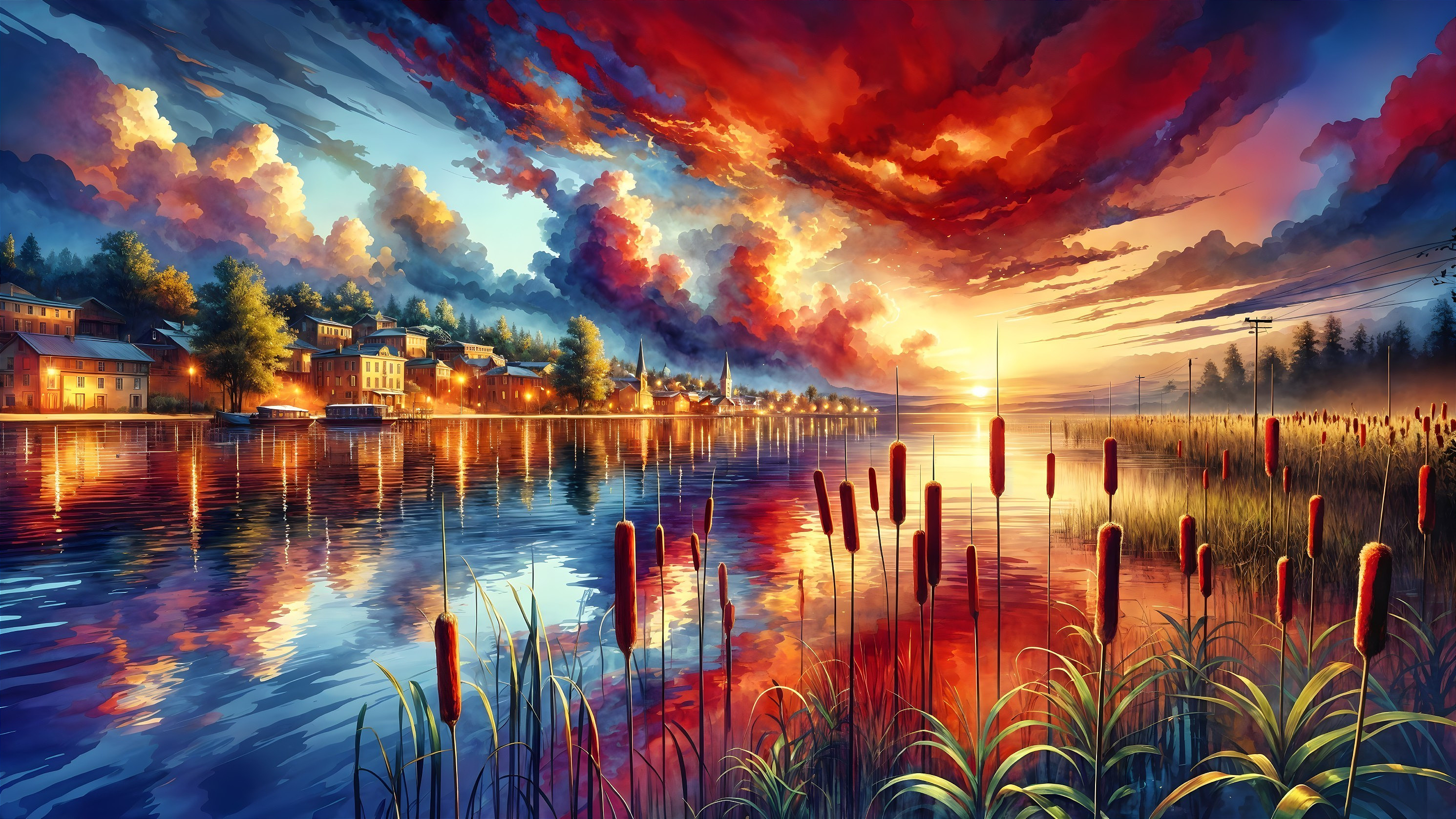 Vivid Sunset Over Calm Lake with Silhouetted Cattails