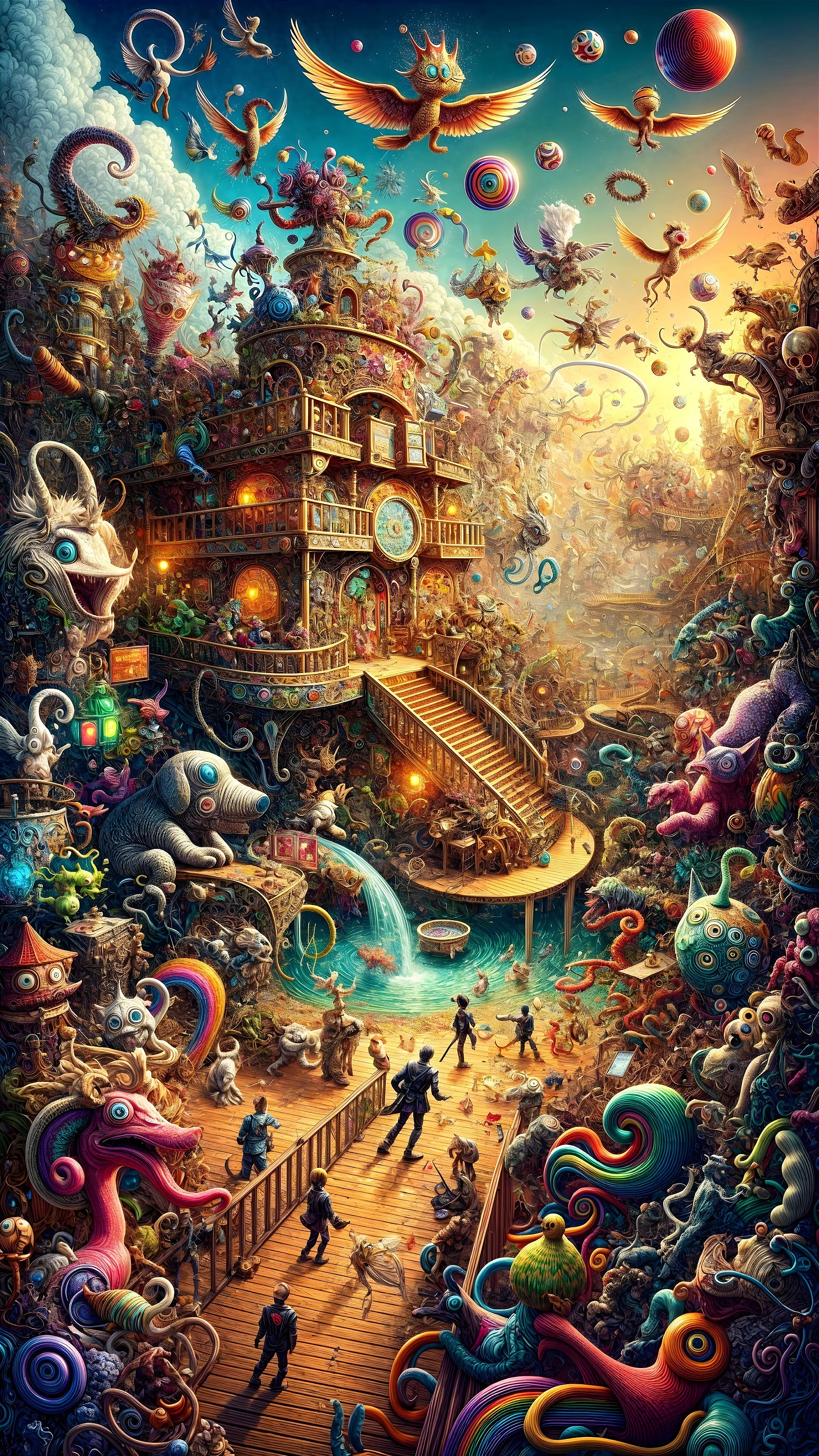 Vibrant Fantastical Scene with Whimsical Creatures