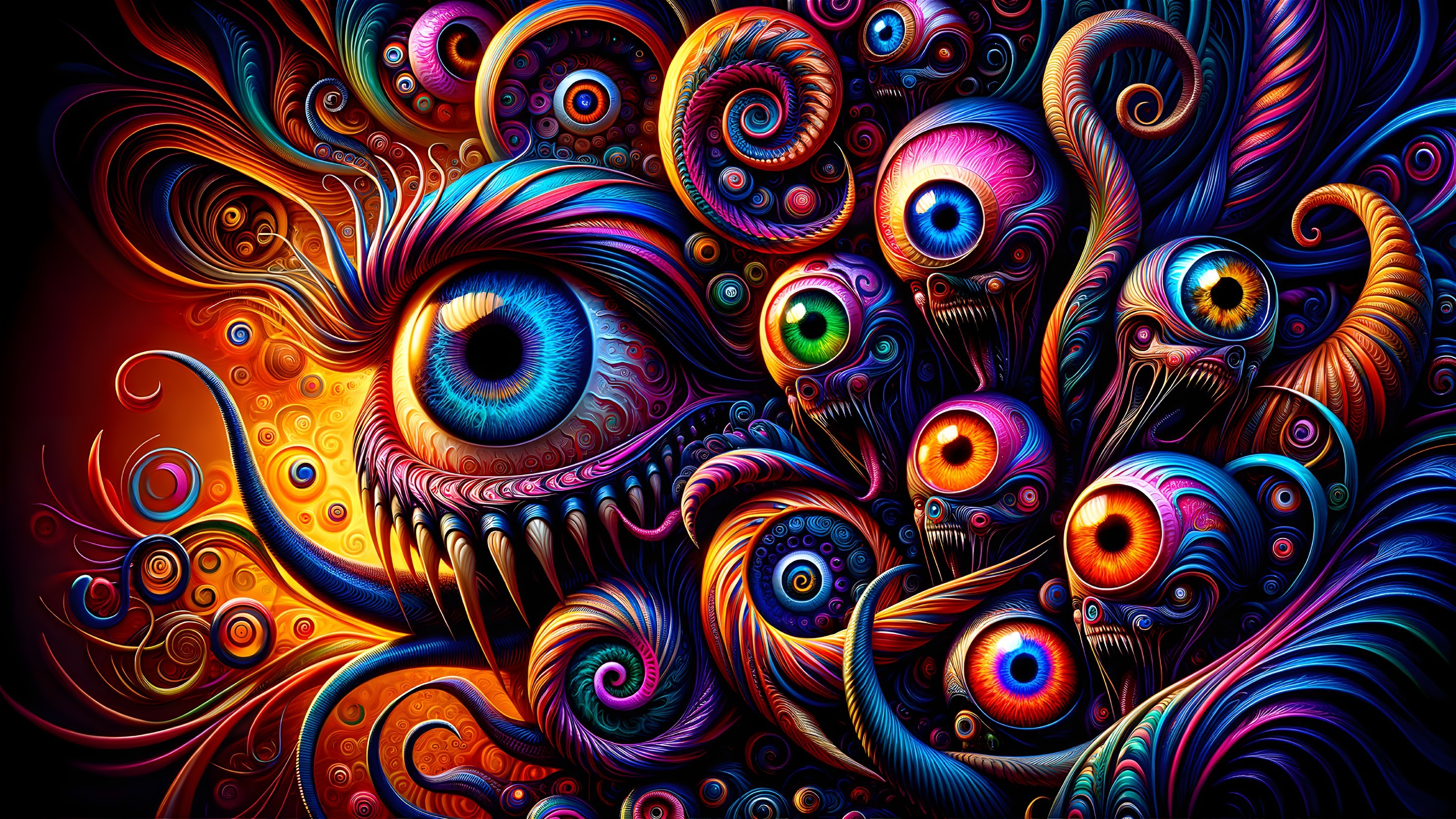 Colorful Abstract Image with Swirling Patterns and Eyes