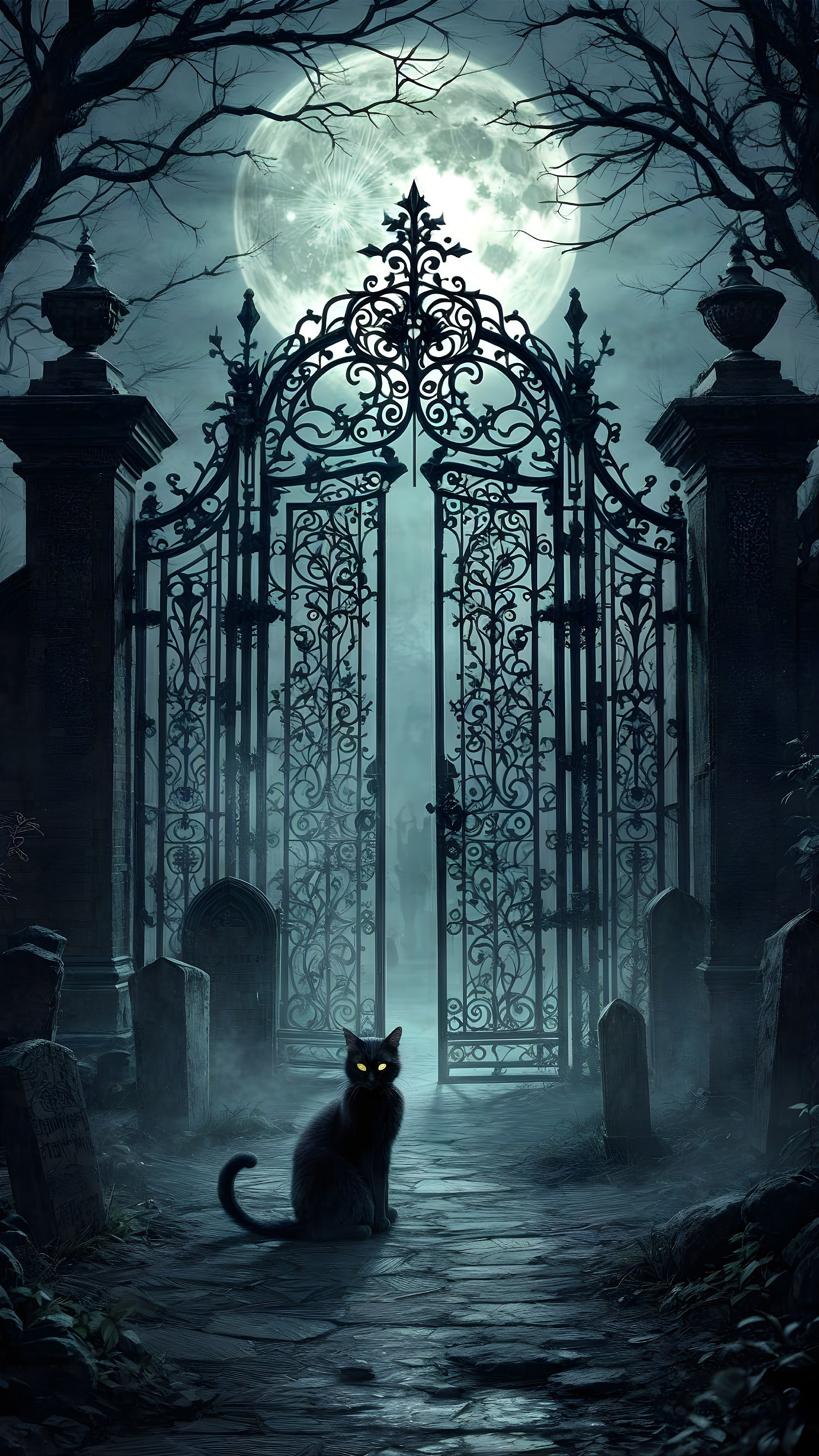 Misty Graveyard Entrance with Wrought-Iron Gates
