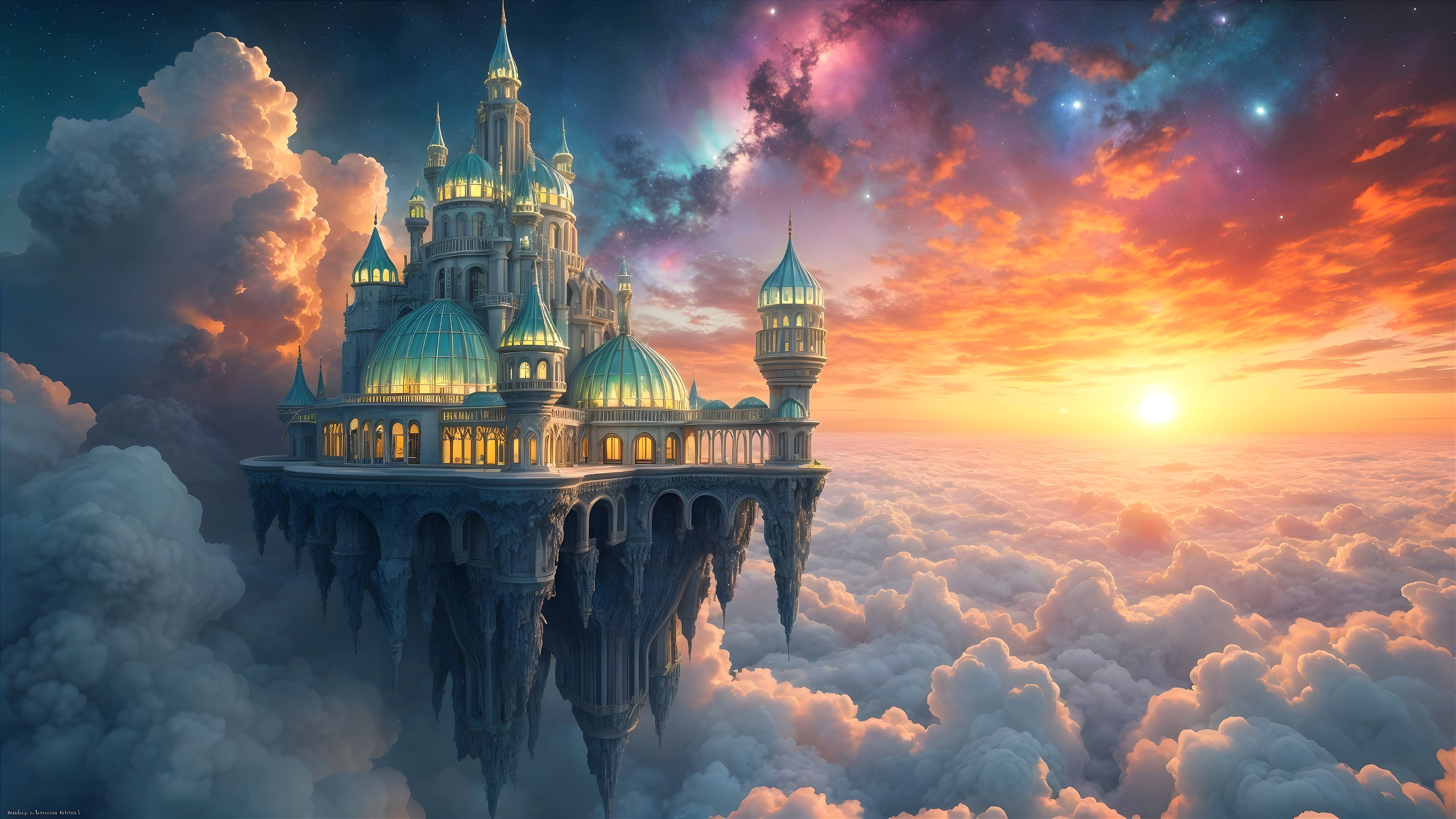 Floating Castle Above Clouds at Sunset with Stars