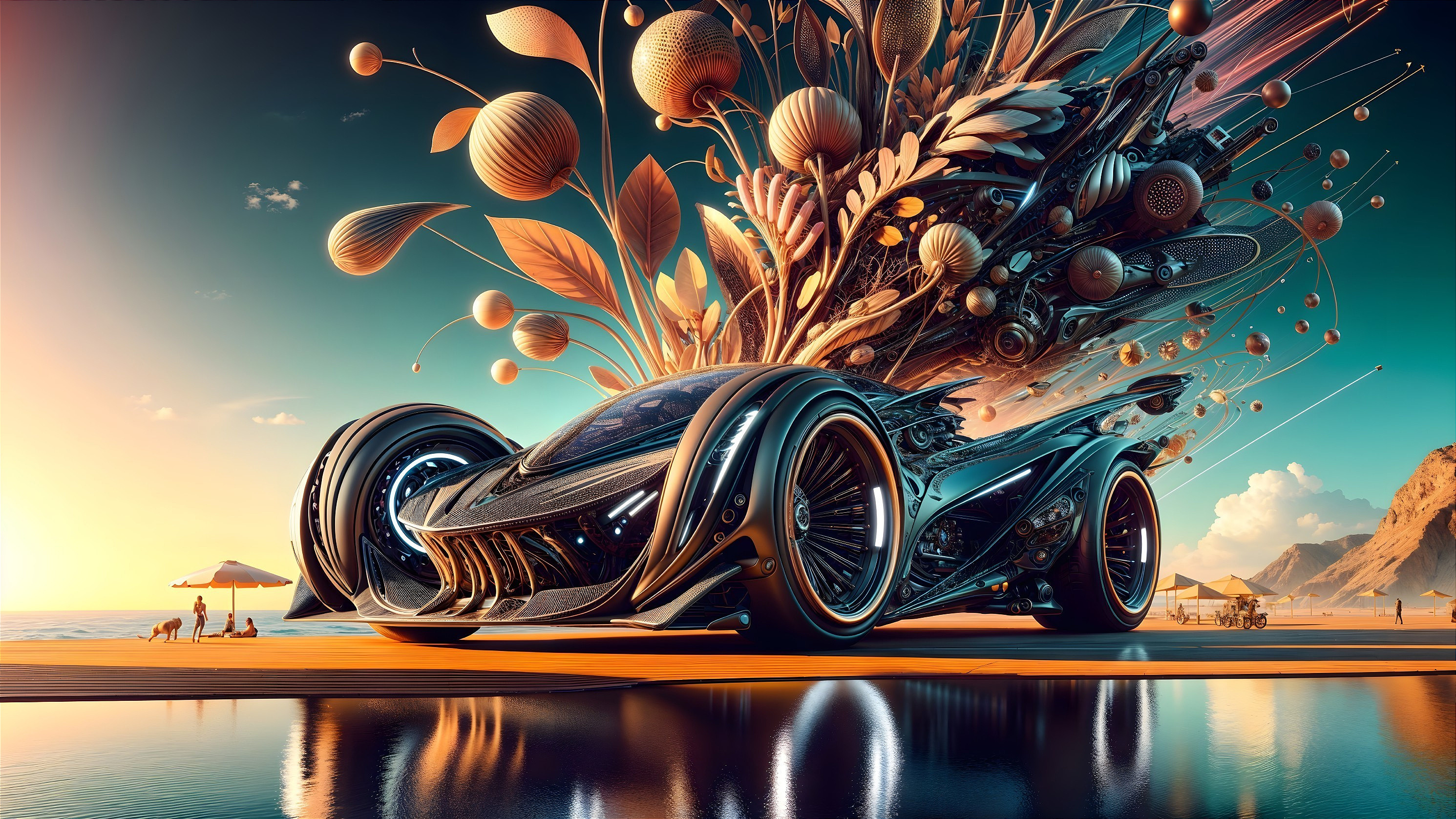 Futuristic Car with Floral Design on Beachside Boardwalk