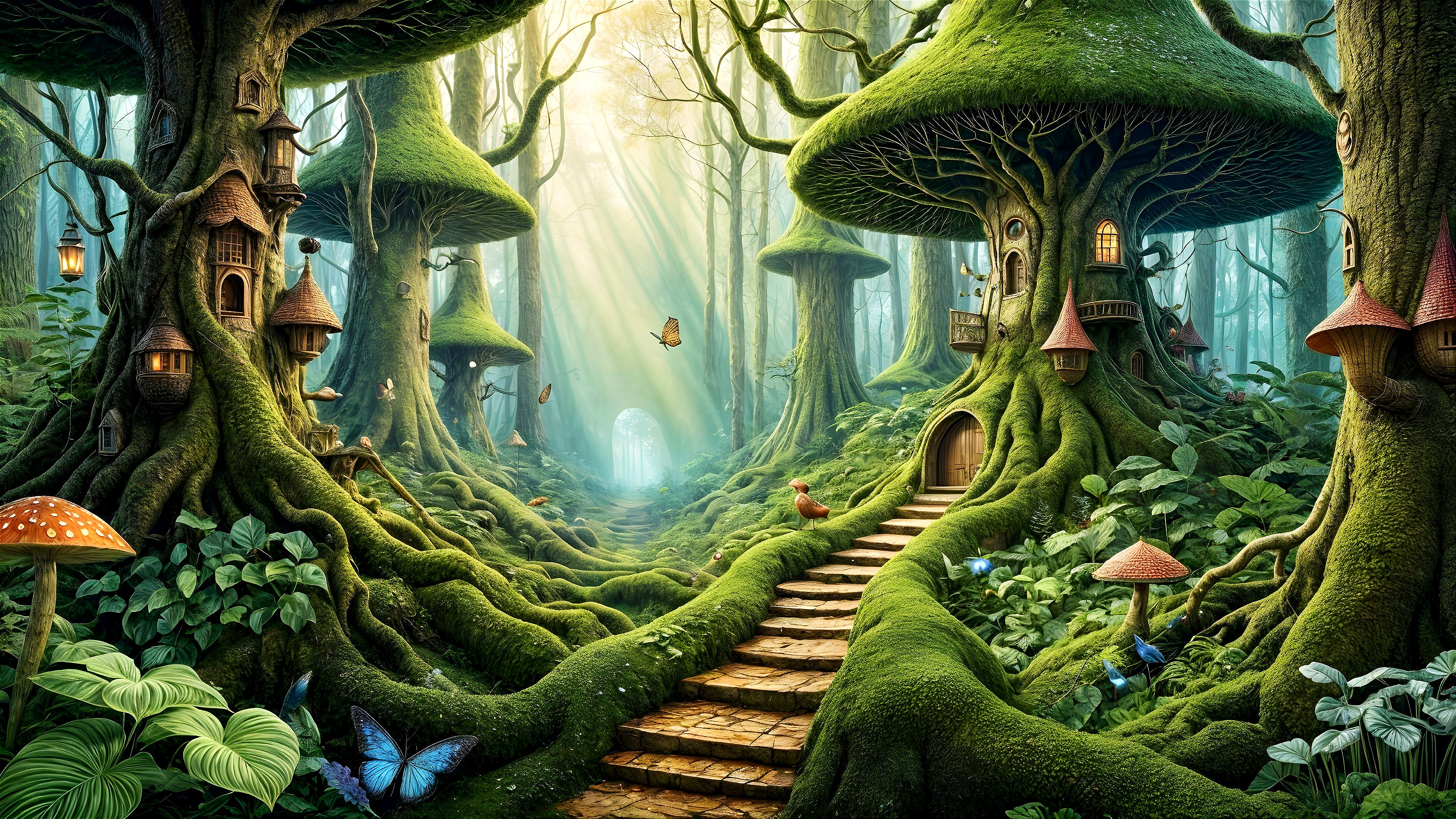 Mystical forest with mushroom-shaped trees and treehouses