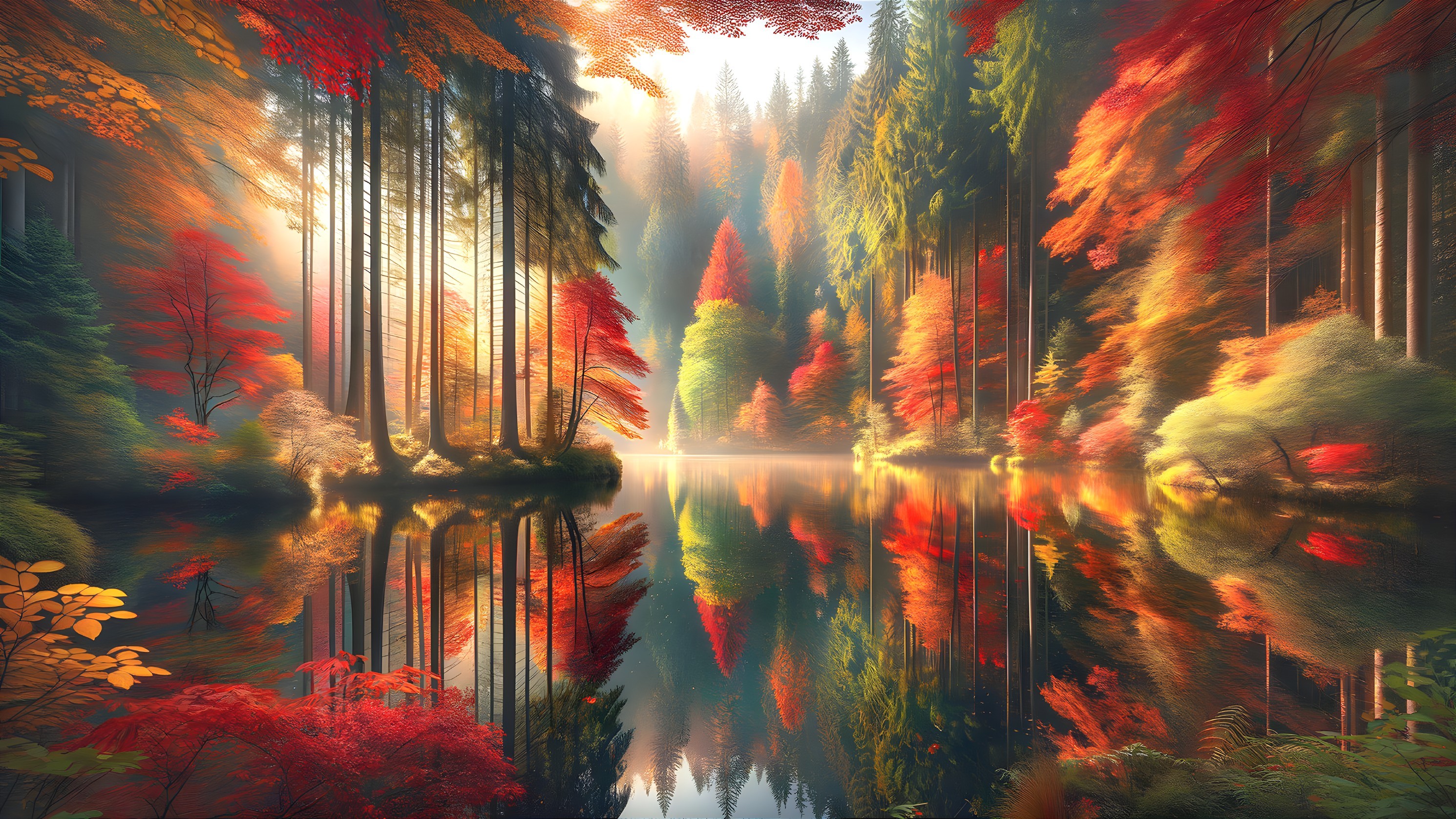 Serene Autumn Landscape with Tranquil Lake and Foliage