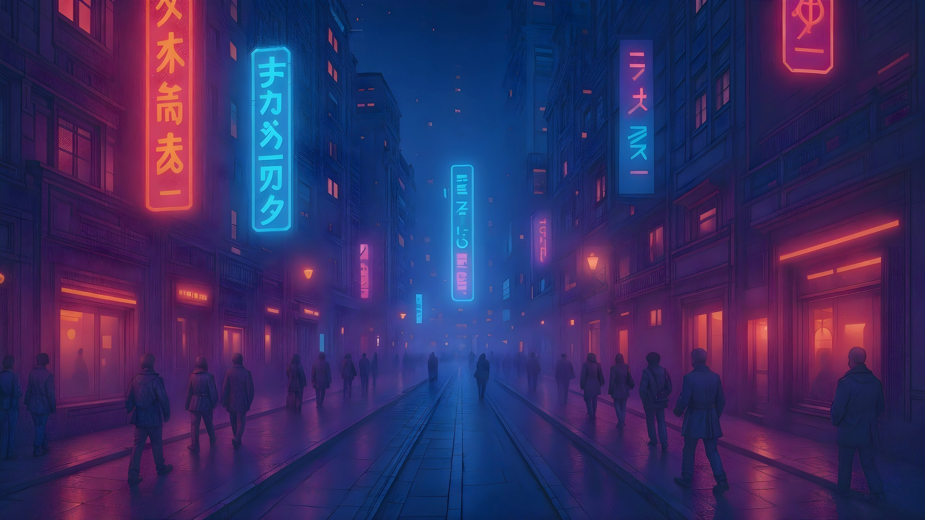 Dimly Lit Urban Street Scene with Neon Lights