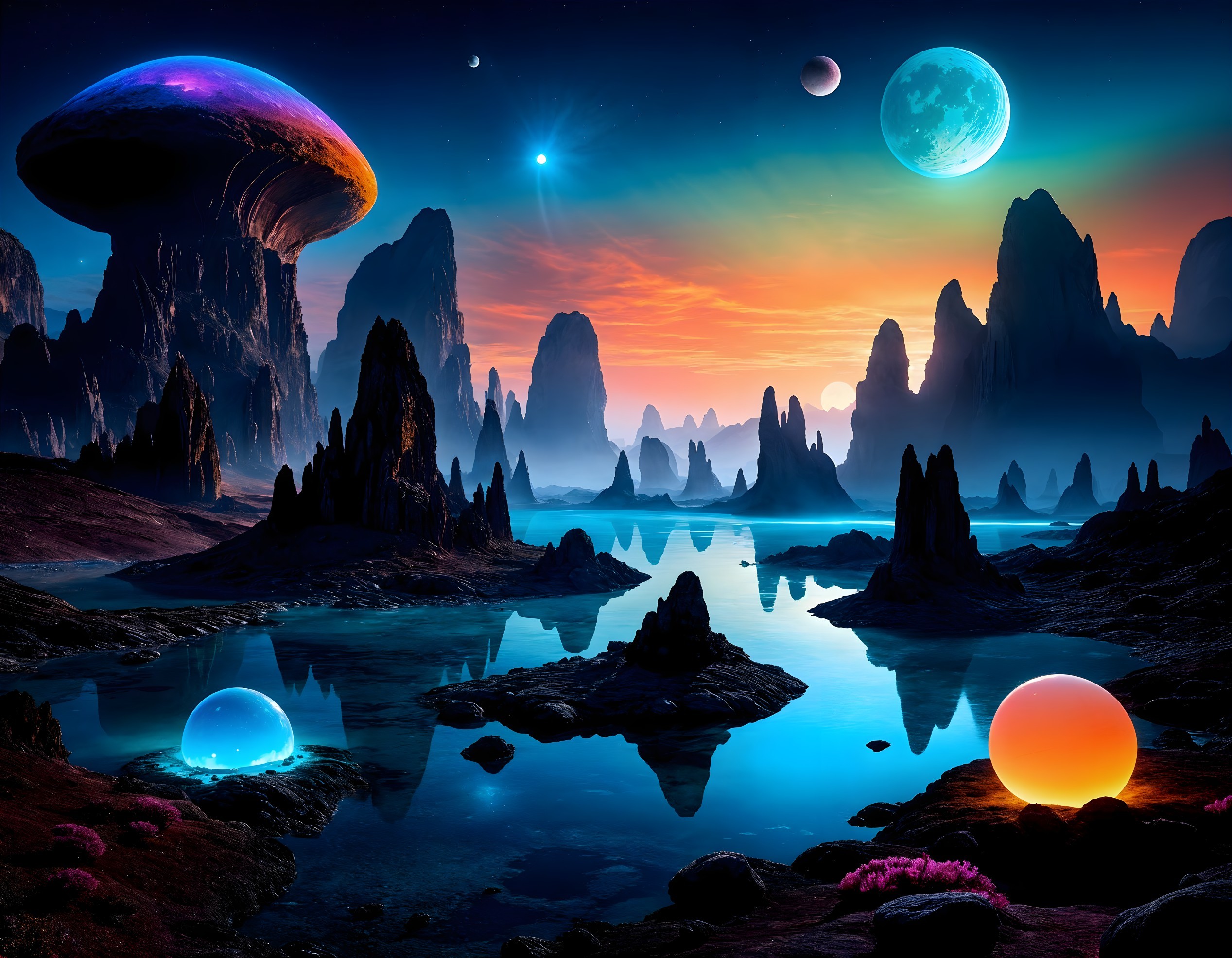 Surreal Alien Landscape with Towering Rock Formations