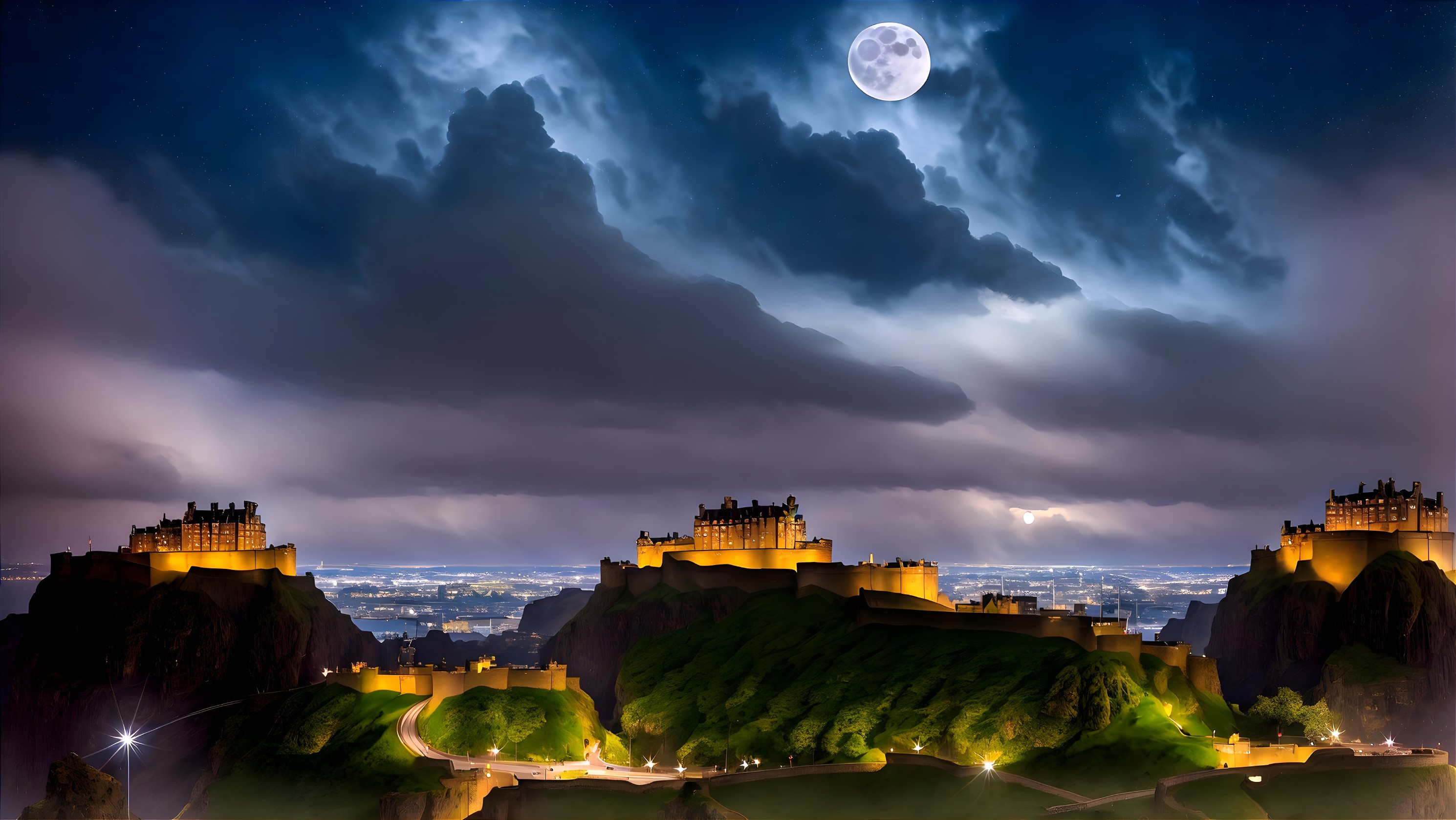 Dramatic Night View of Illuminated Historic Castles