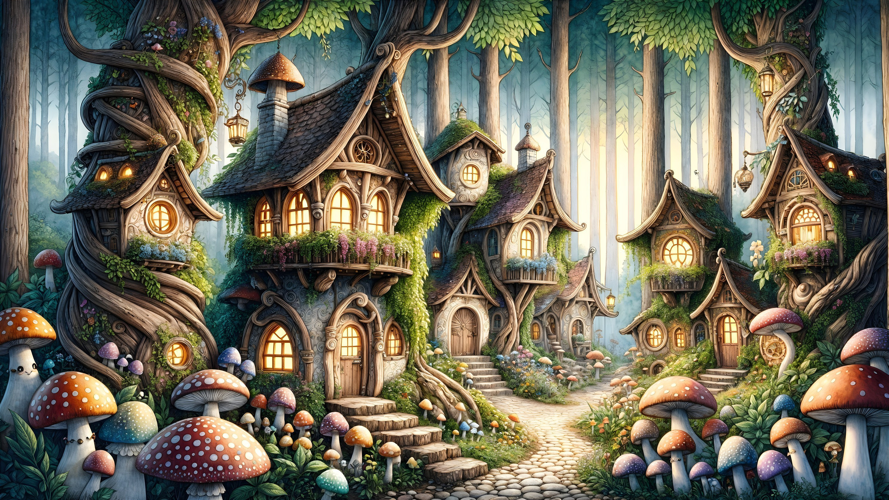 Whimsical Forest with Mushroom-Shaped Houses and Garden