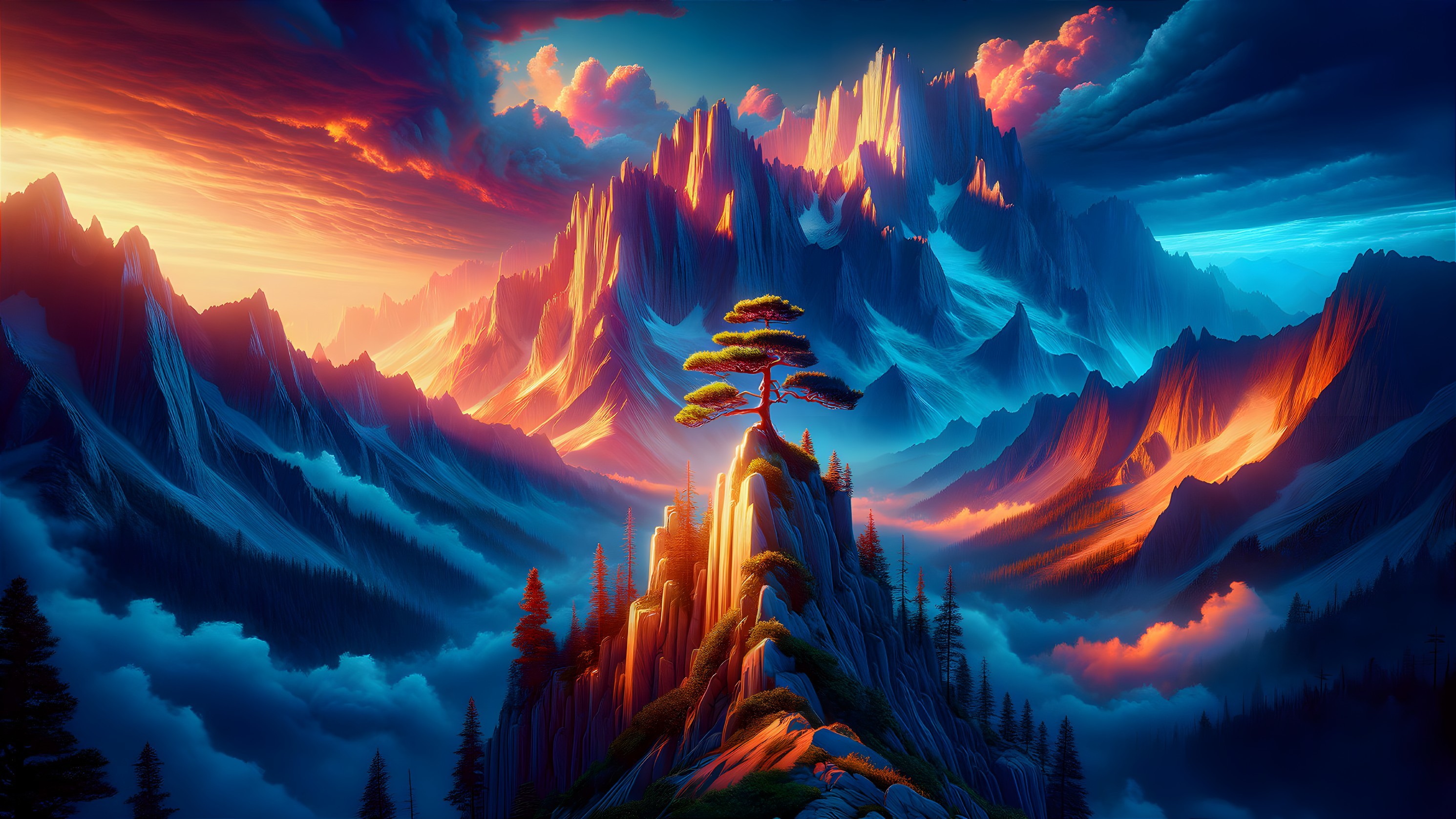 Mountain Landscape at Sunset with Towering Peaks
