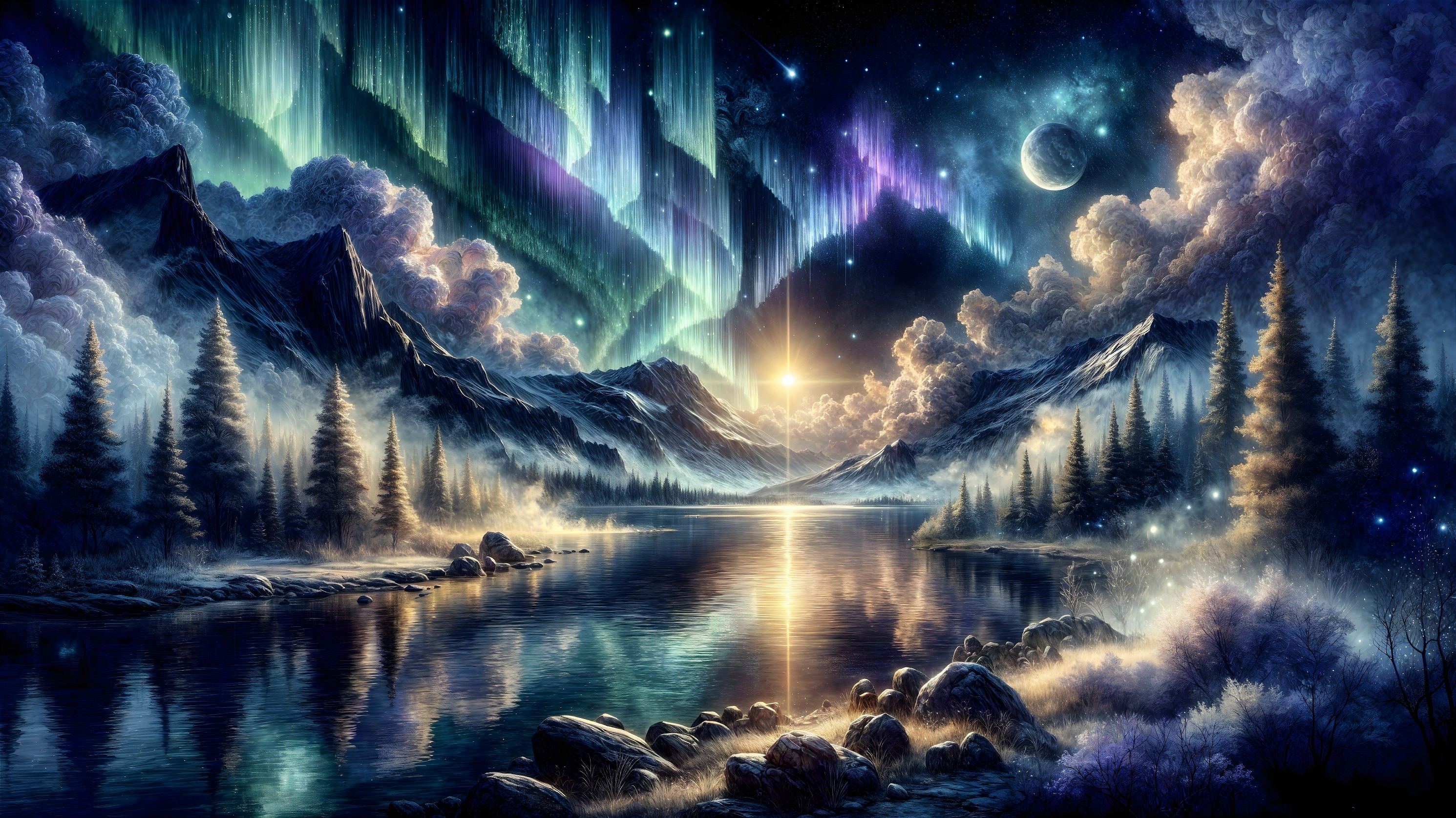 Serene lake and mountains under aurora borealis sky