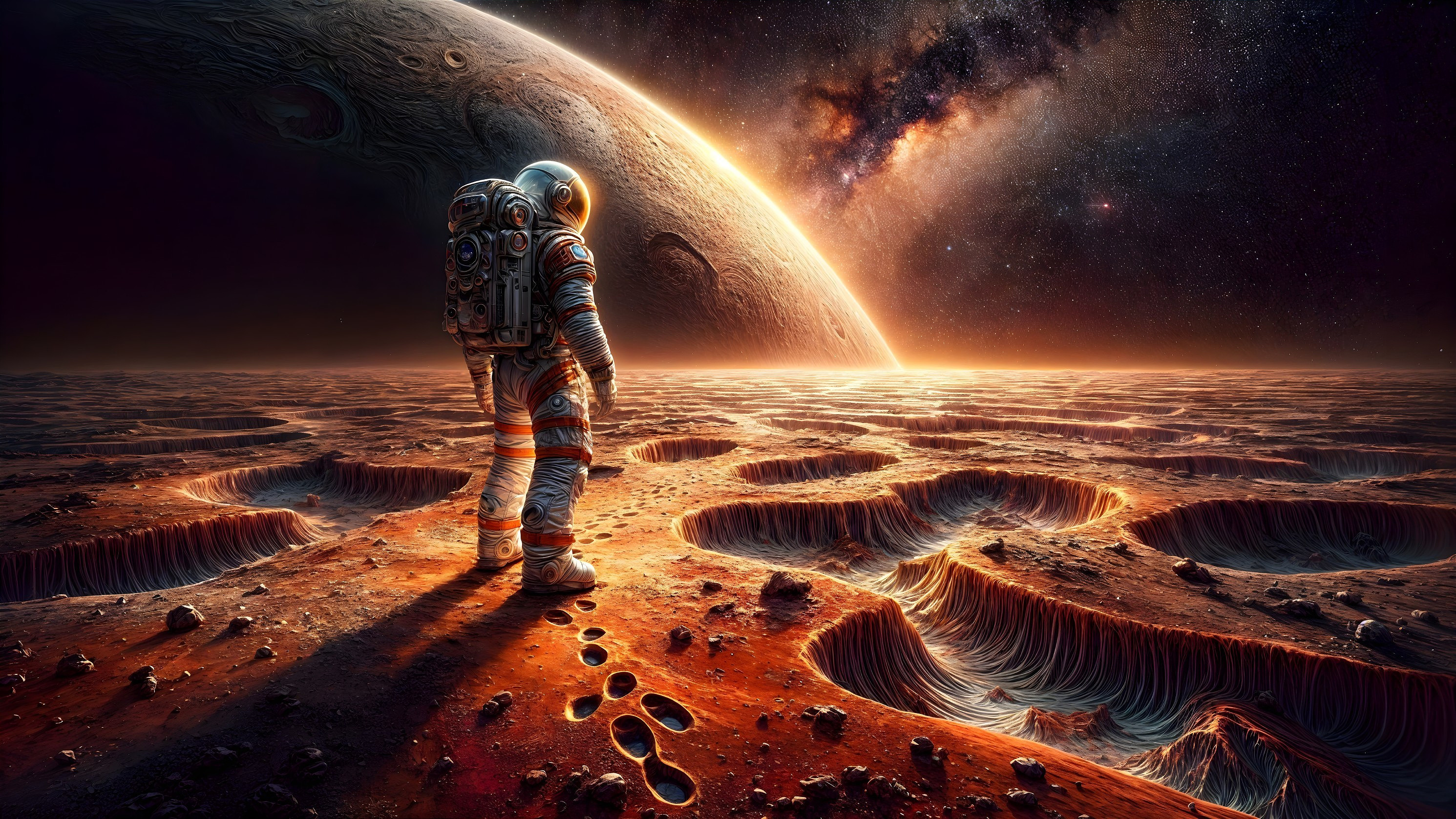 Astronaut Observing Alien Landscape and Twilight Sky