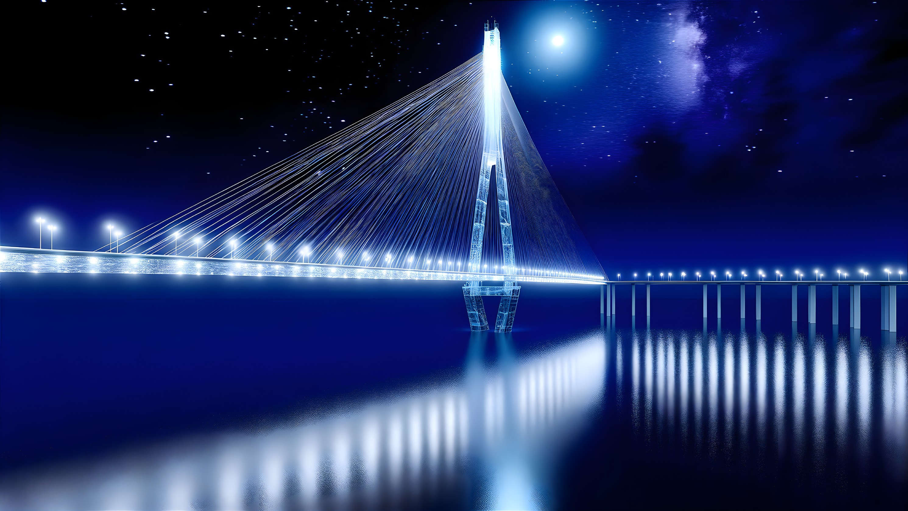 Futuristic Bridge Illuminated by Blue Lights at Night