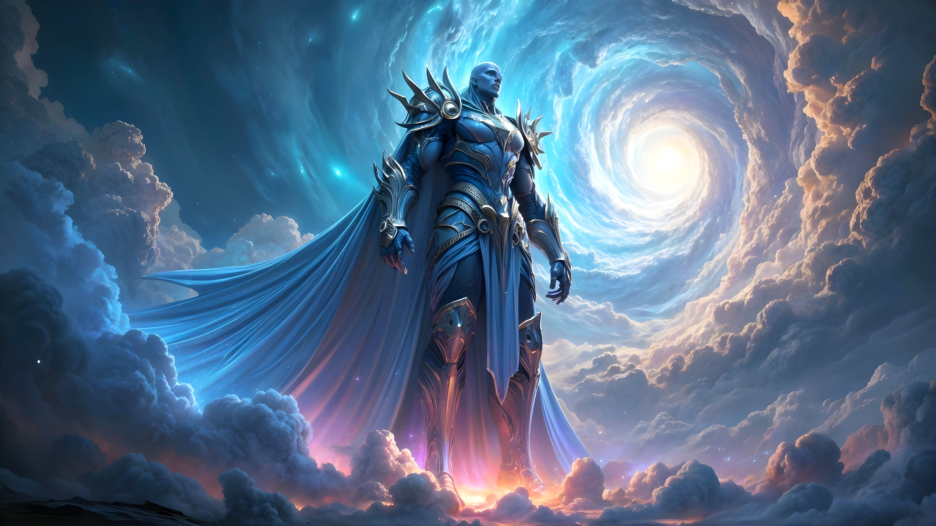 Majestic Figure in Ethereal Landscape with Light Portal