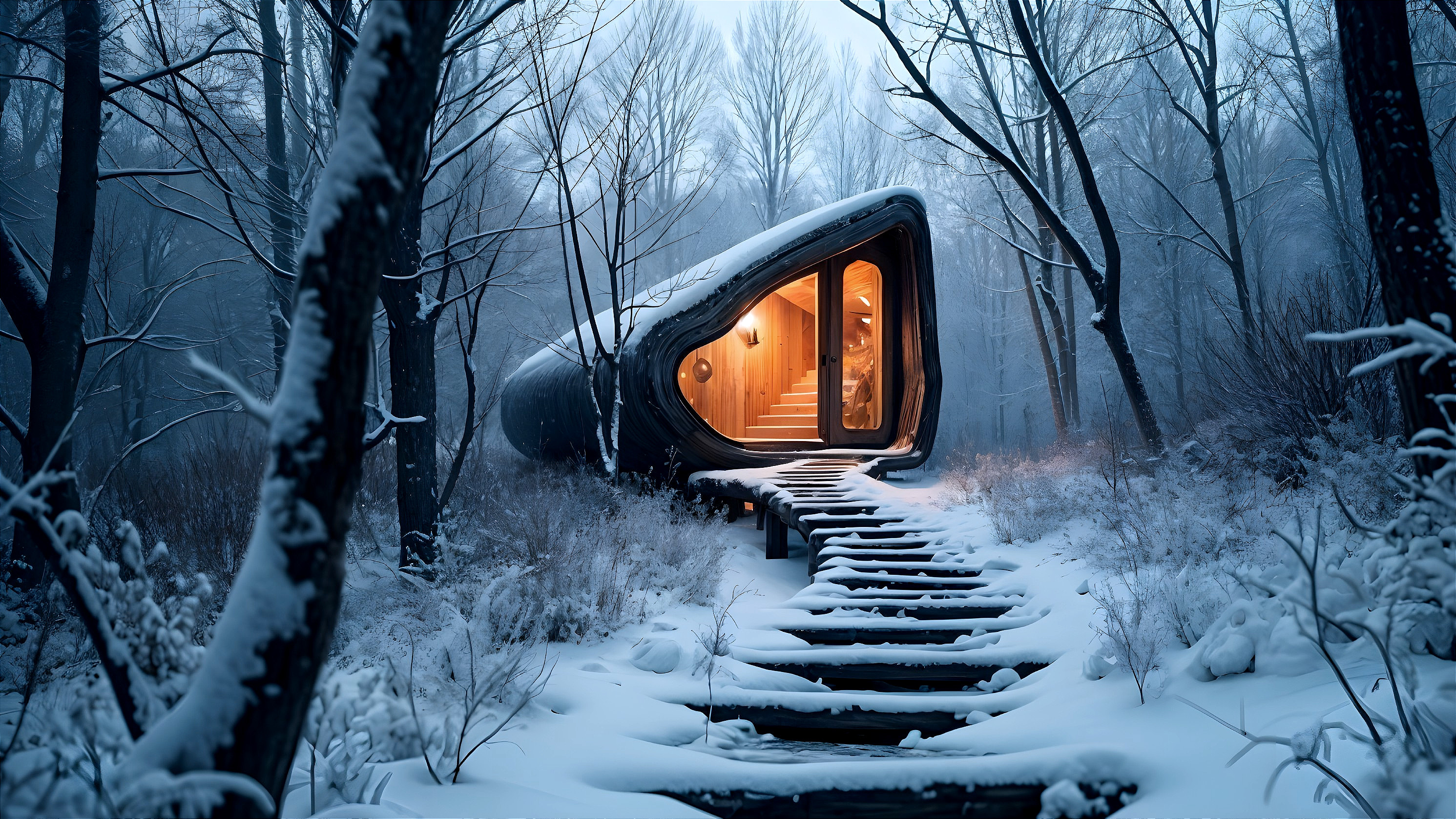 Modern Cabin in Snowy Forest with Warm Windows