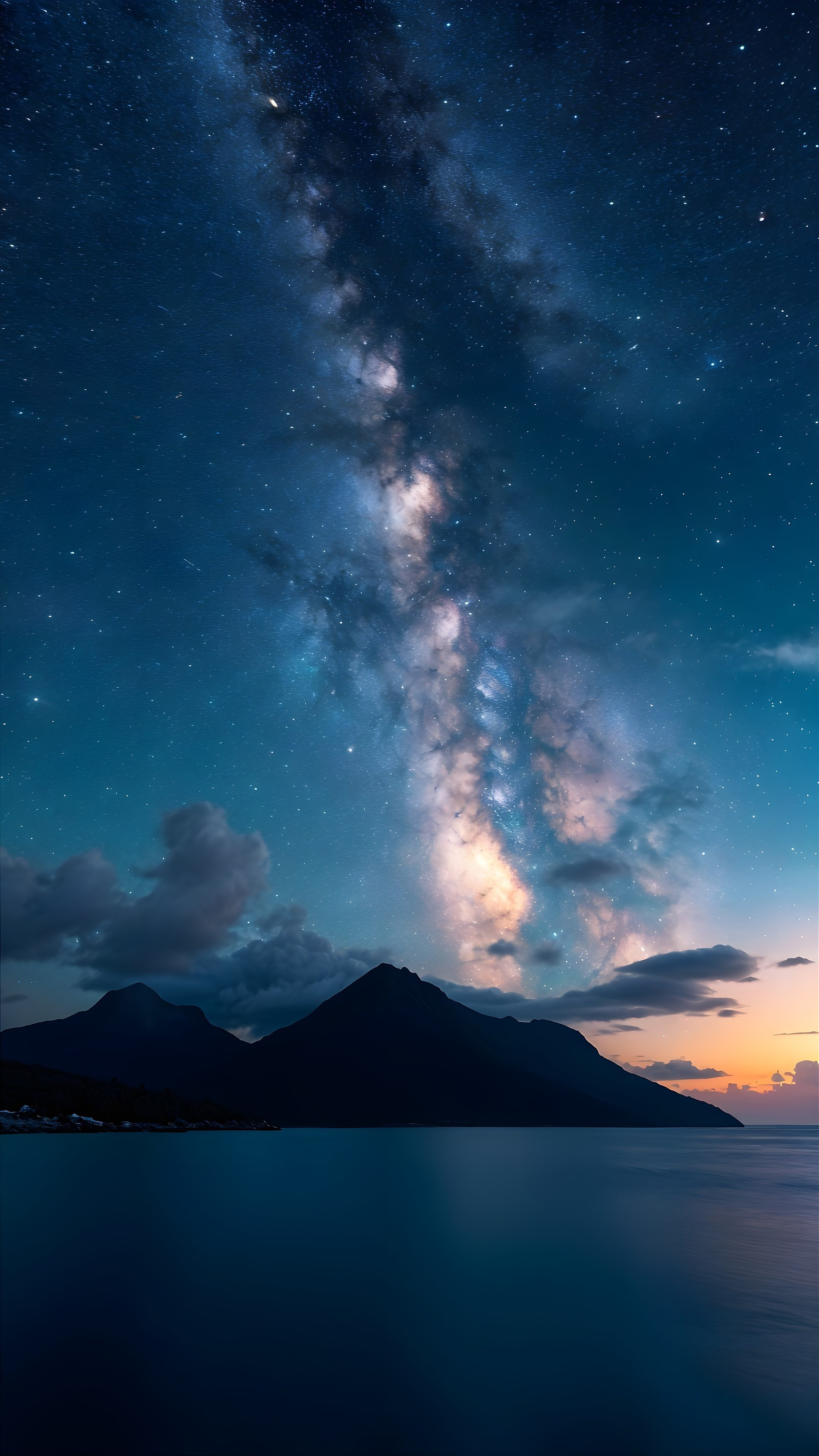 Milky Way Over Calm Waters and Silhouetted Mountains