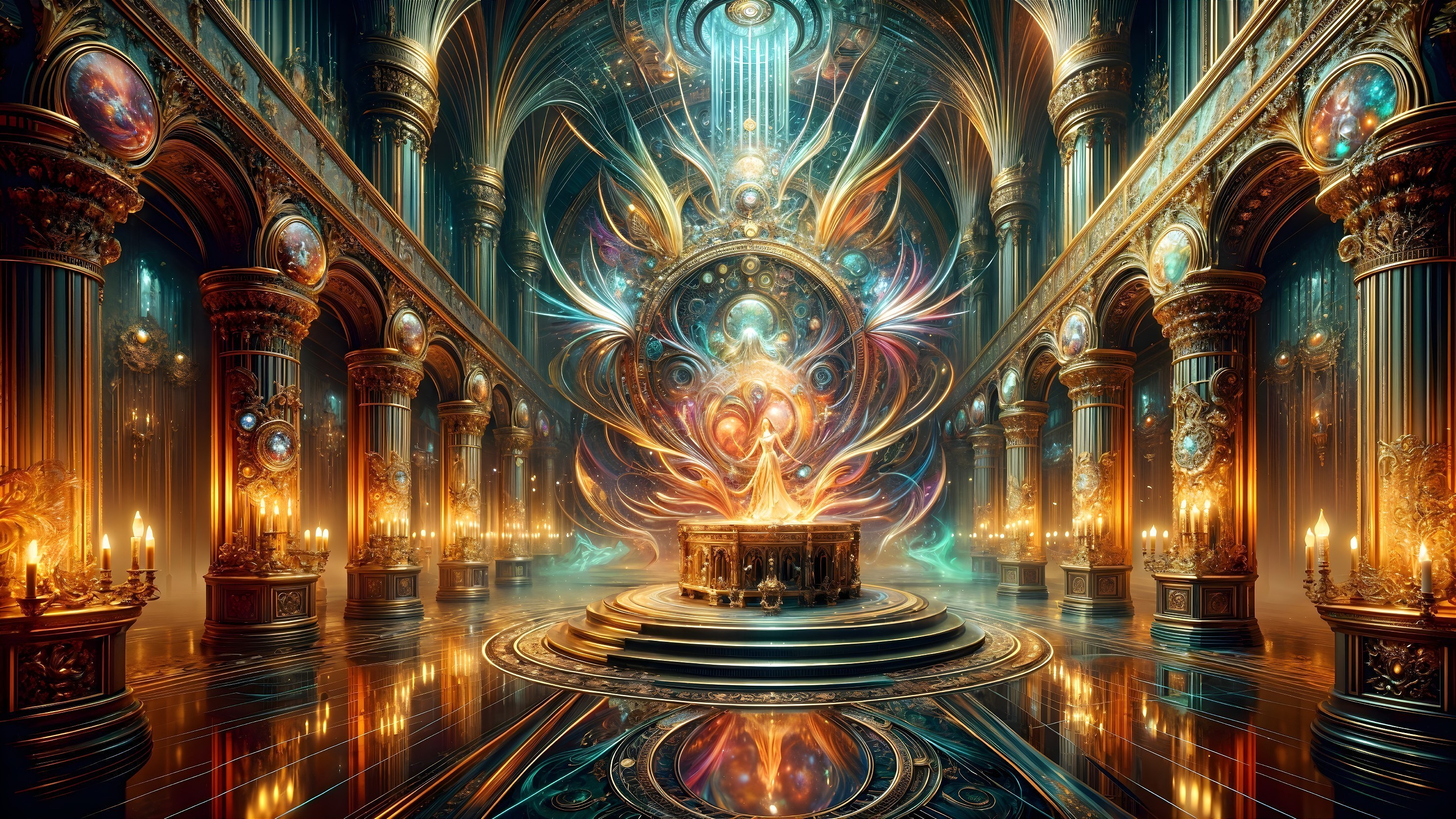 Opulent hall with intricate columns and cosmic altar