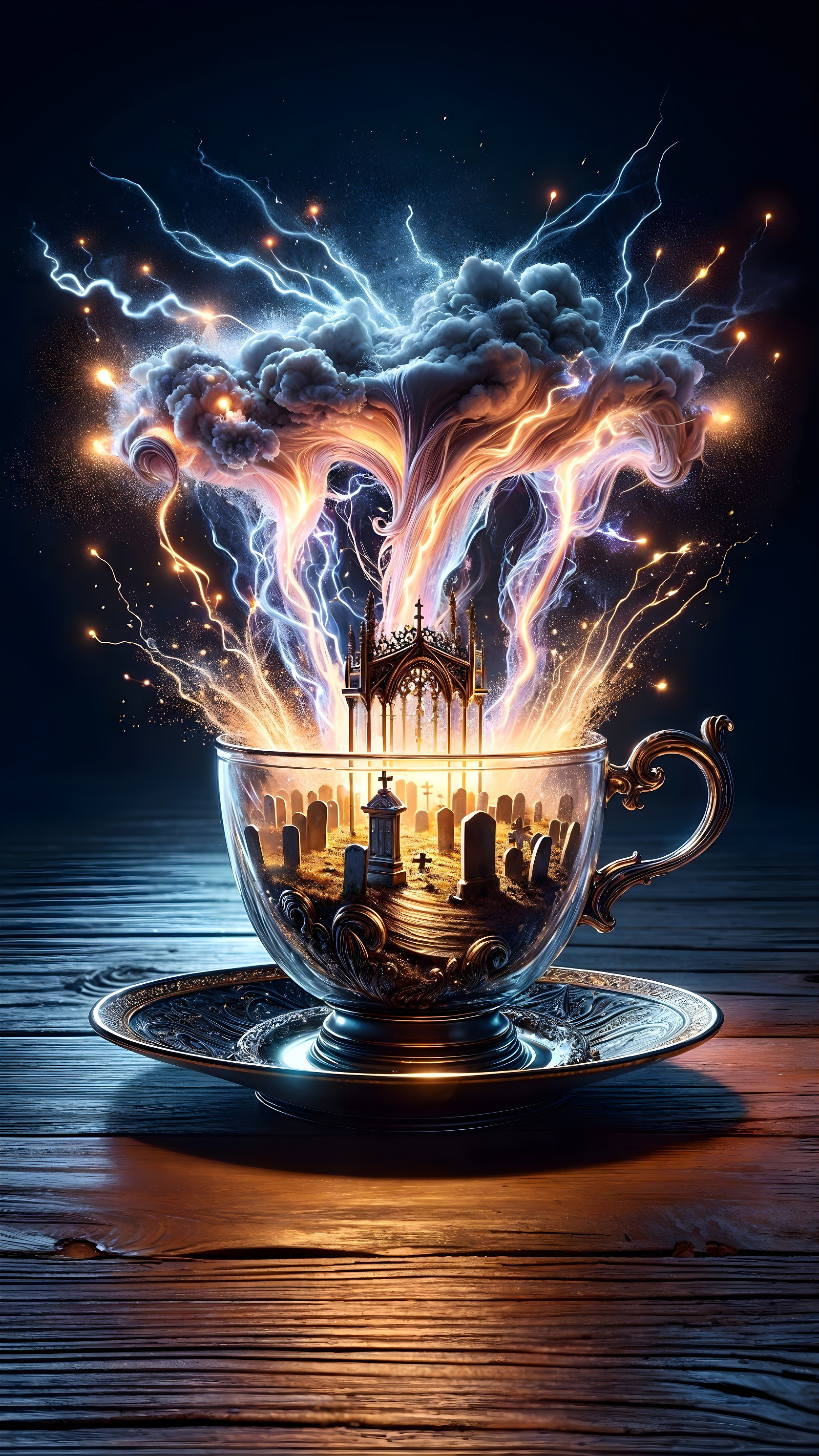 Ornate teacup with swirling light and mystical scene