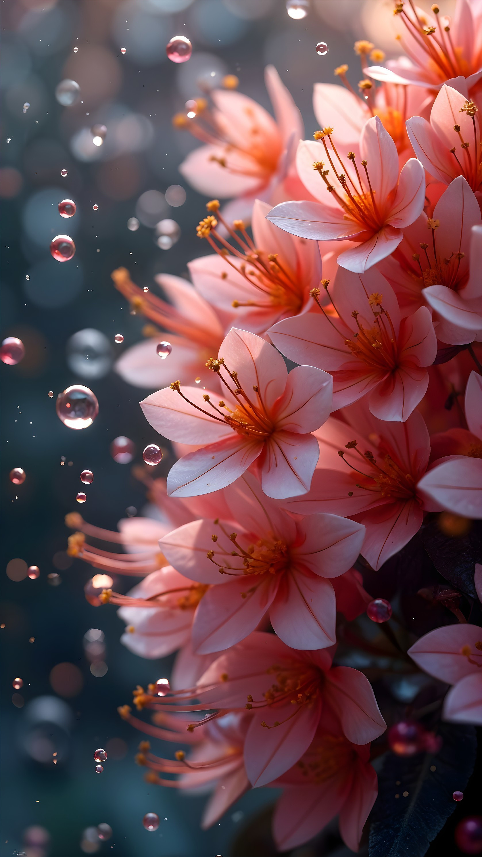 Delicate pink flowers with orange stamens in focus