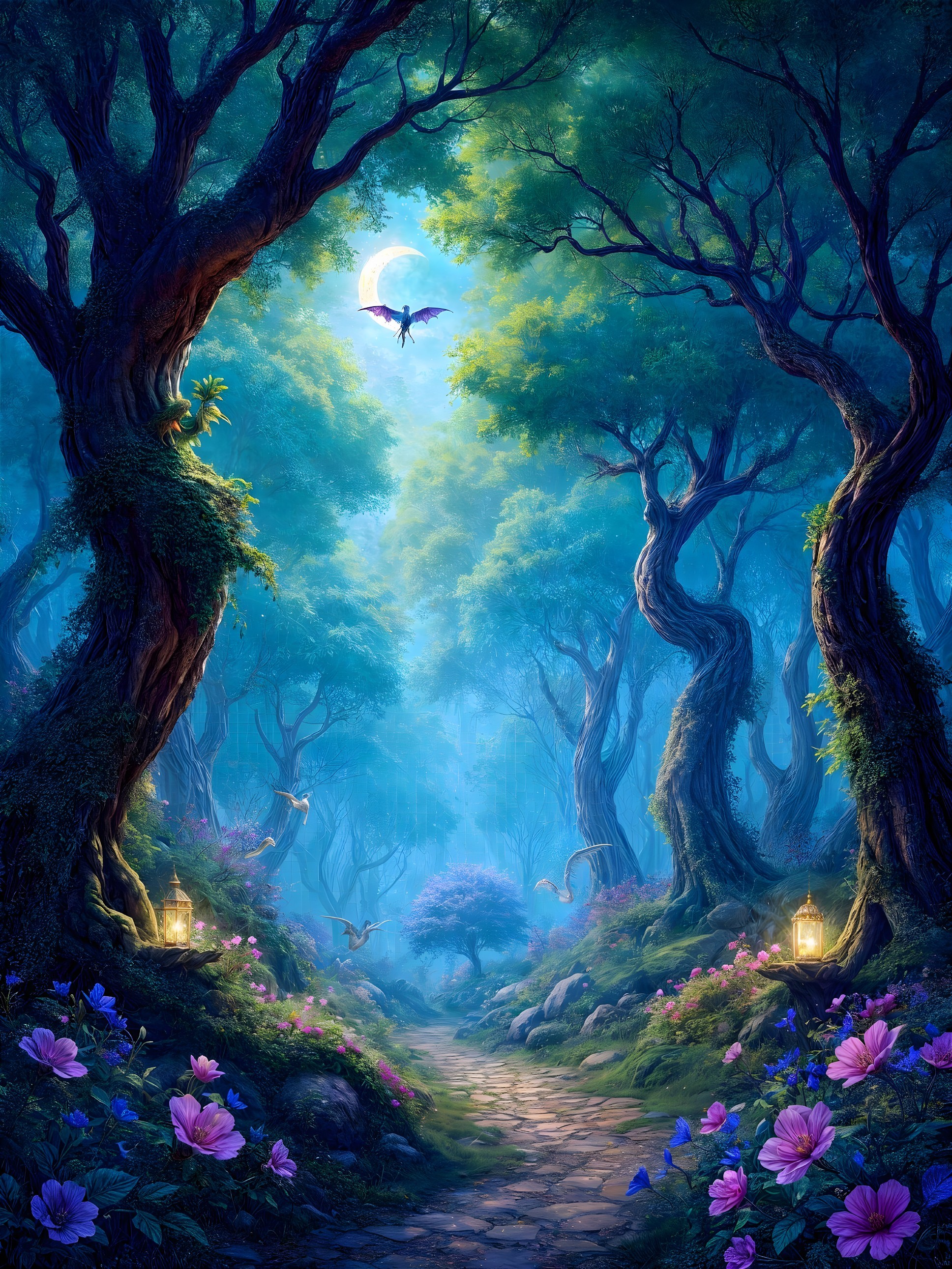 Mystical Forest Pathway with Ancient Trees and Lanterns