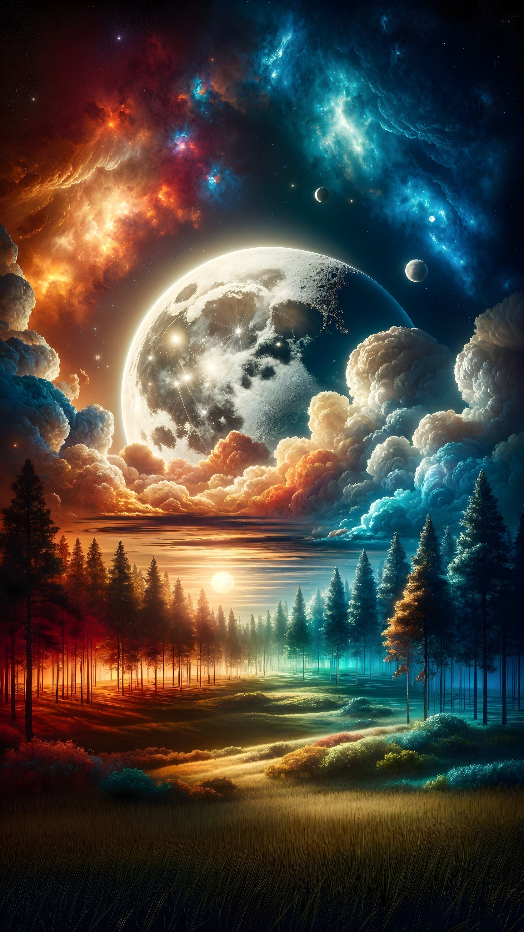 Cosmic Landscape with Forest and Majestic Moon