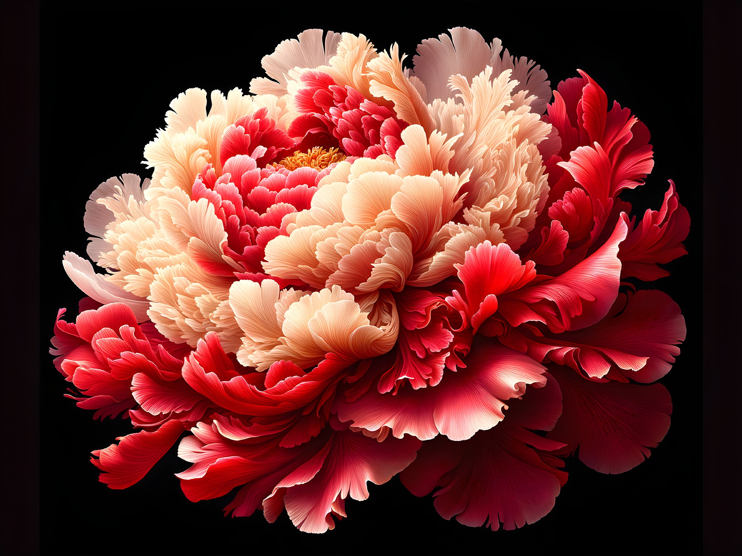 Vibrant Red and Cream Peony Blossom on Black Background